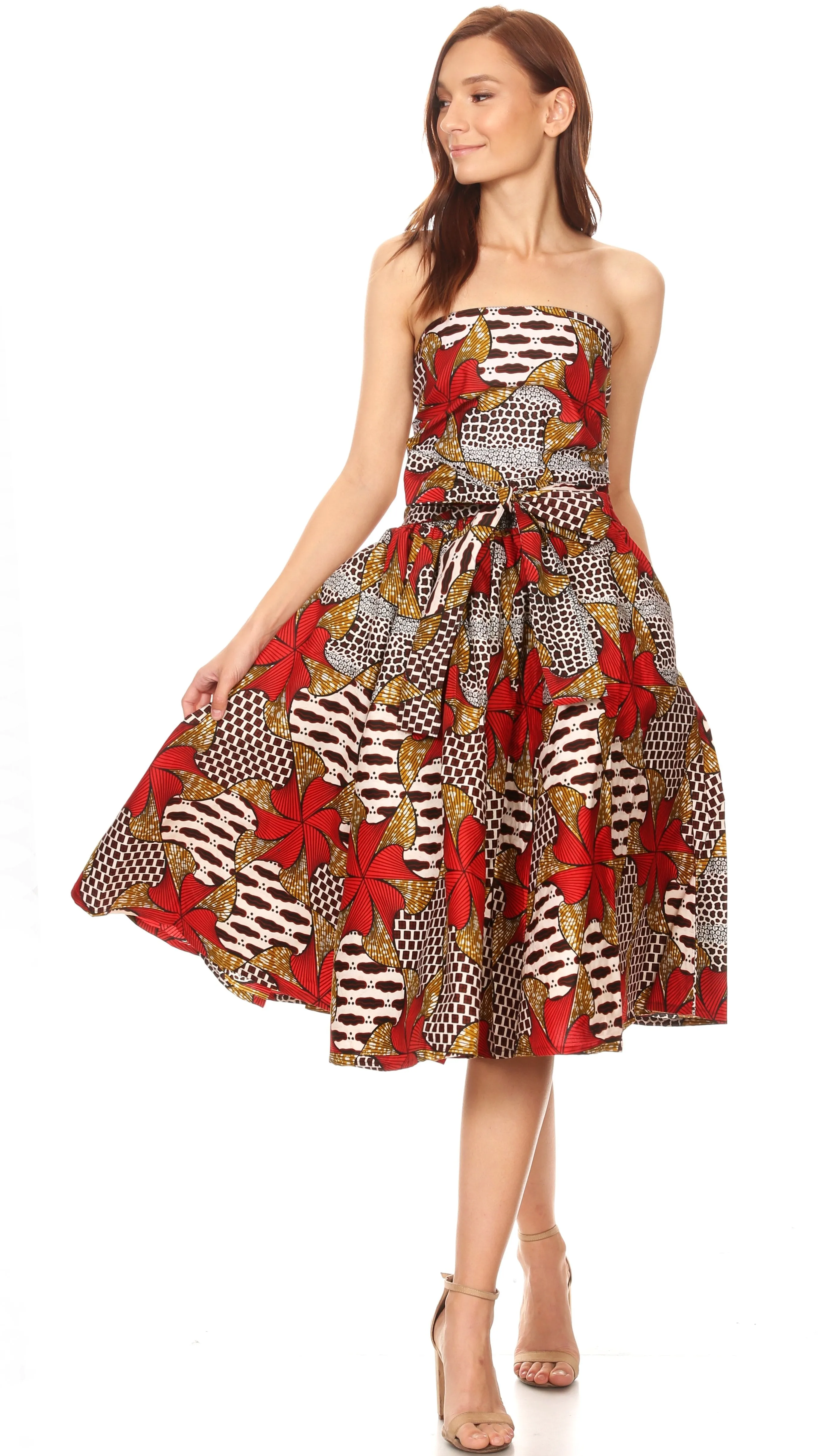 Sakkas Ama Women's Vintage Circle African Ankara Print Midi Skirt with Pockets