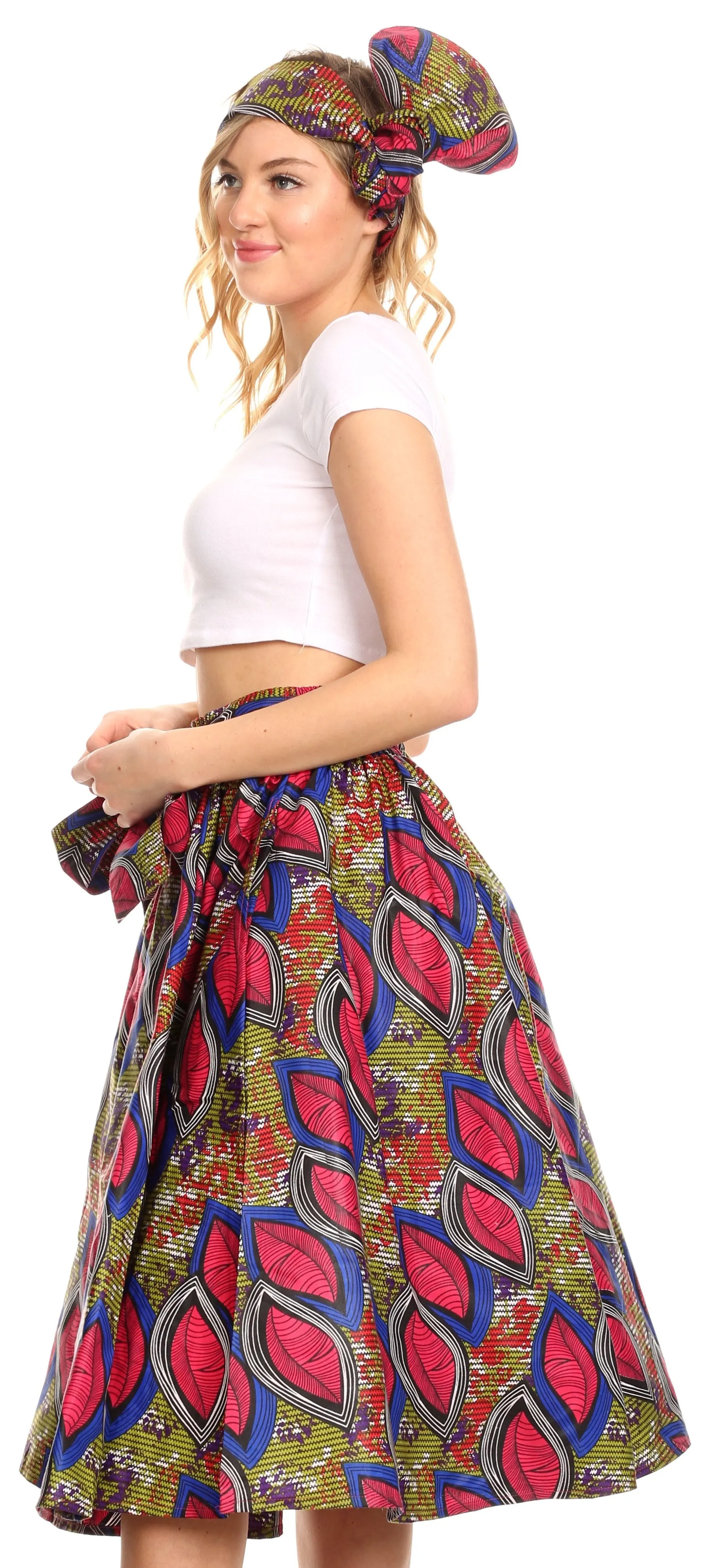 Sakkas Ama Women's Vintage Circle African Ankara Print Midi Skirt with Pockets