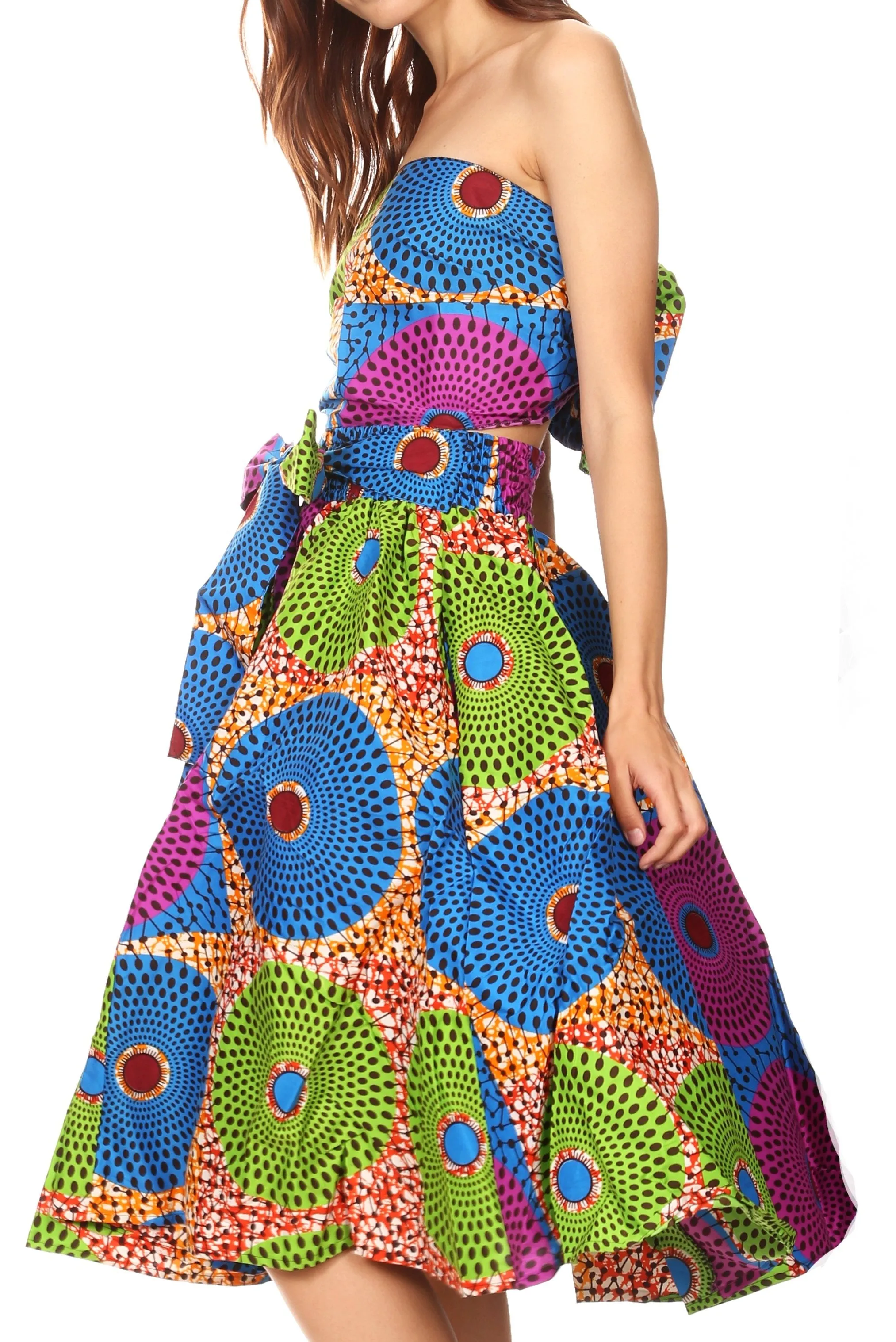 Sakkas Ama Women's Vintage Circle African Ankara Print Midi Skirt with Pockets