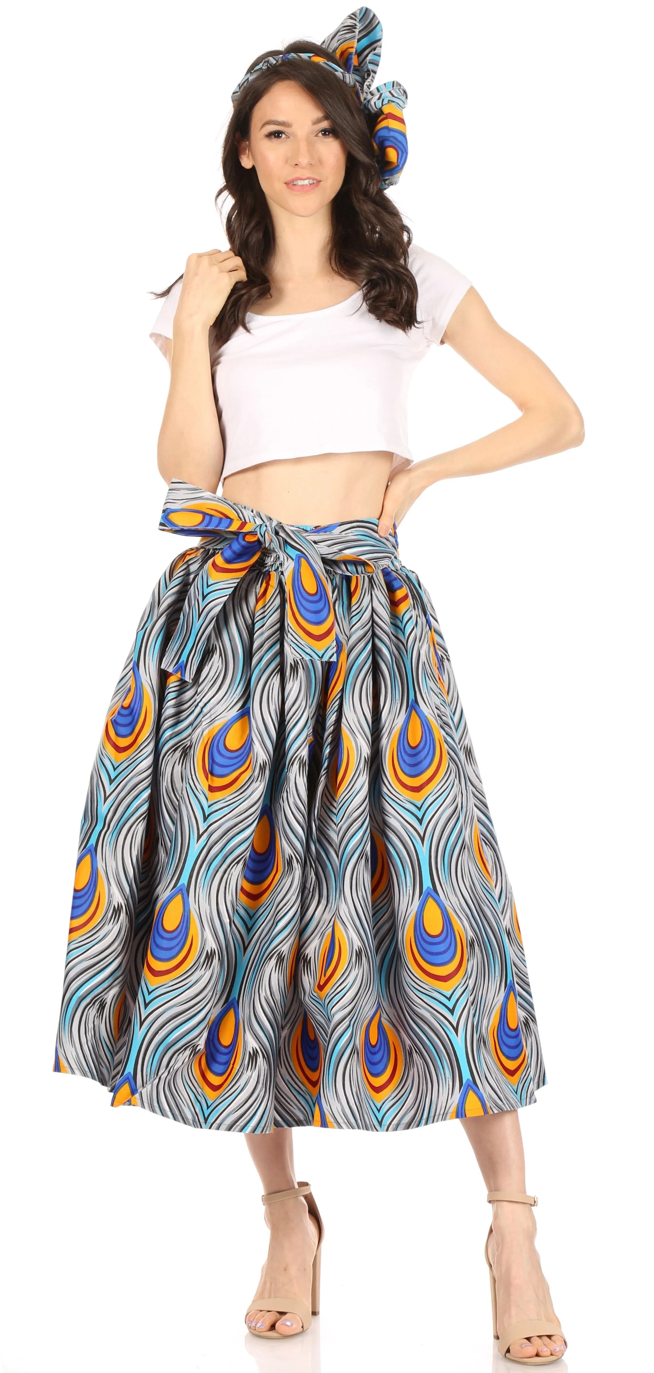 Sakkas Ama Women's Vintage Circle African Ankara Print Midi Skirt with Pockets