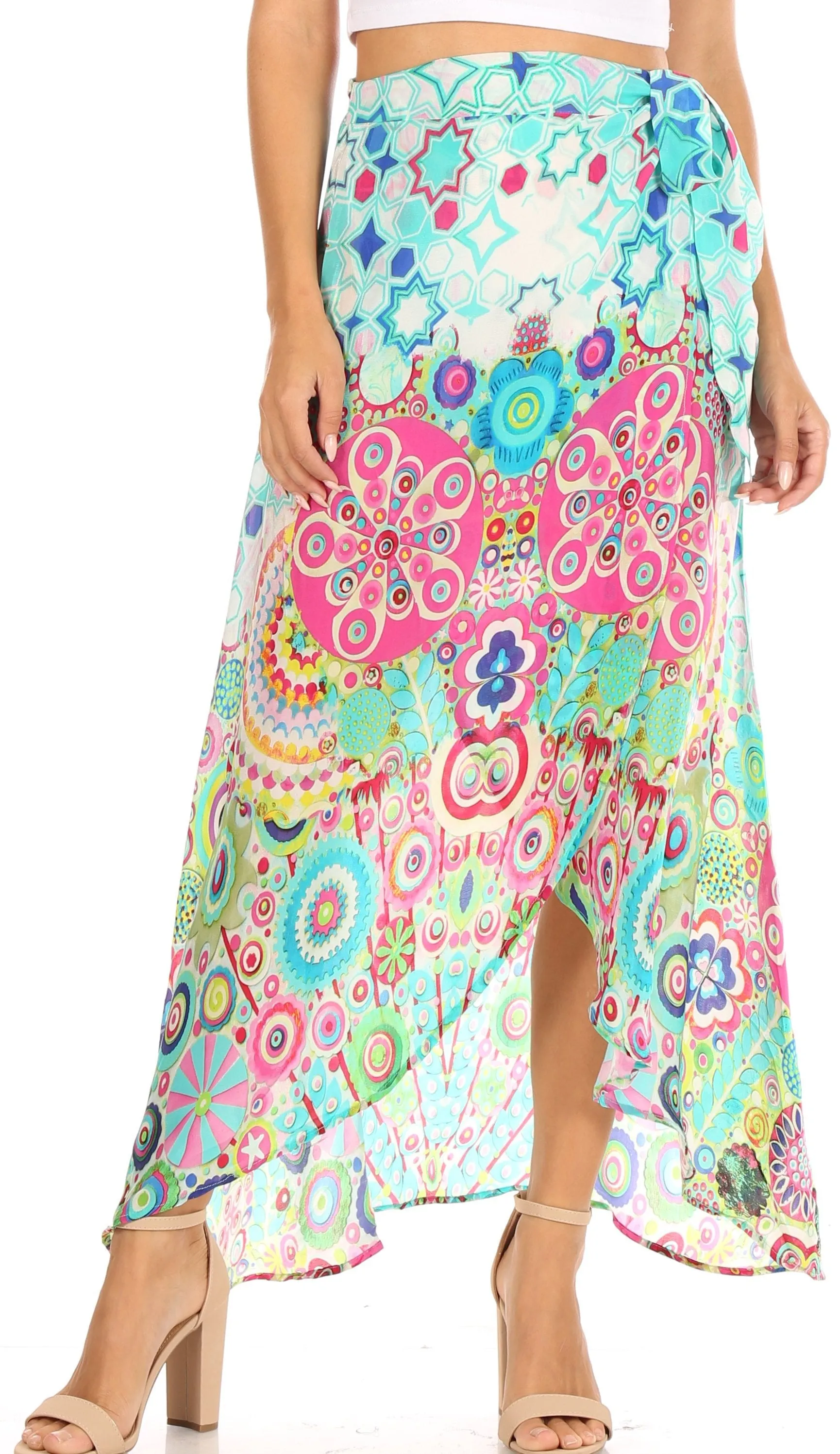 Sakkas Amaia Women's Maxi Floral Print Boho Summer Casual Long Wrap Skirt Cover-up