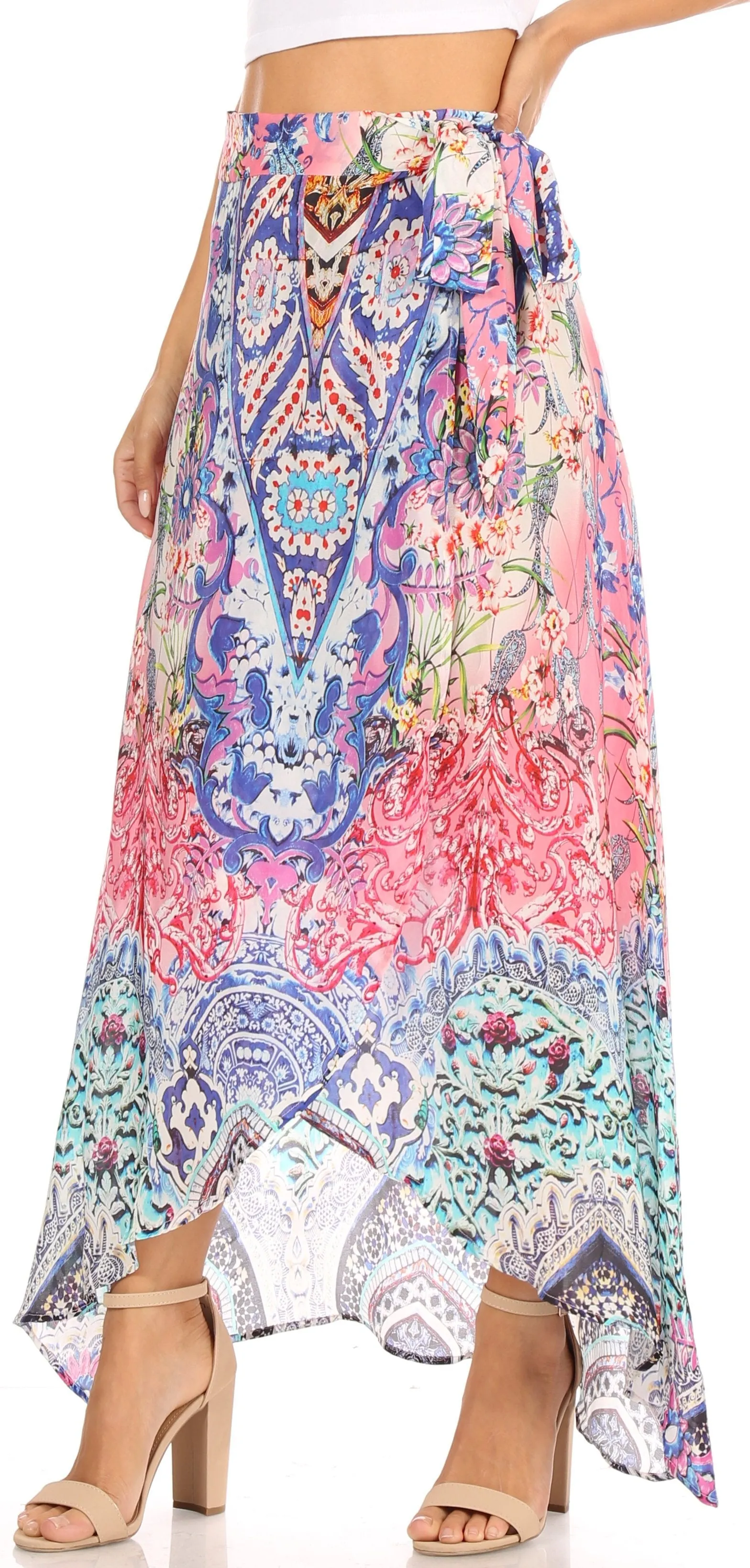 Sakkas Amaia Women's Maxi Floral Print Boho Summer Casual Long Wrap Skirt Cover-up