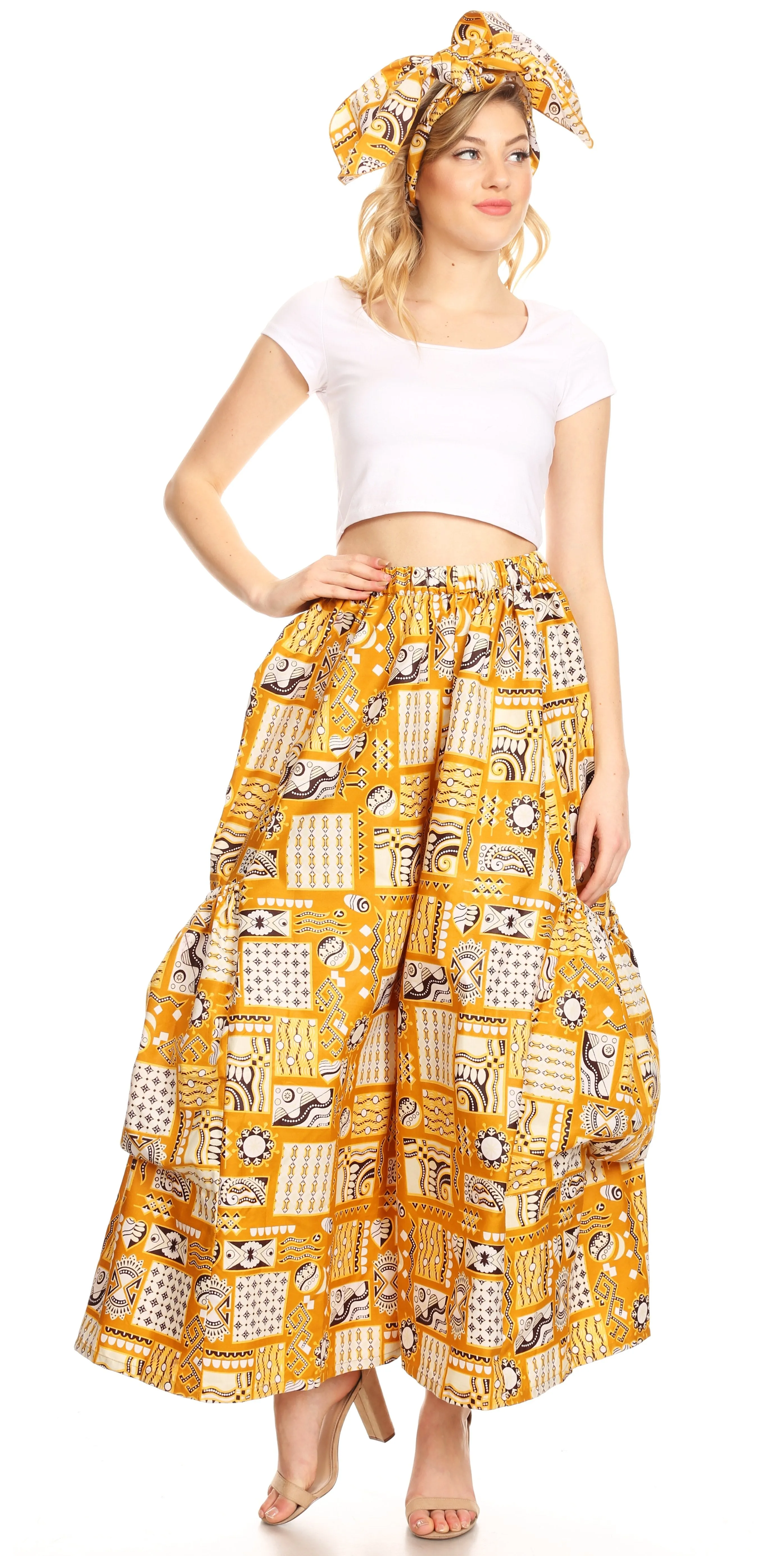 Sakkas Duru Women's African Ankara Print Wide Leg Culotte Pants Elastic Waist