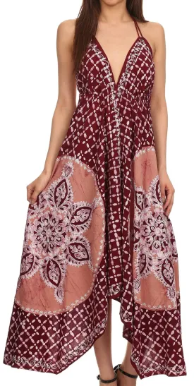 Sakkas Shana Batik Embroidered Handkerchief Hem Adjustable Halter Dress