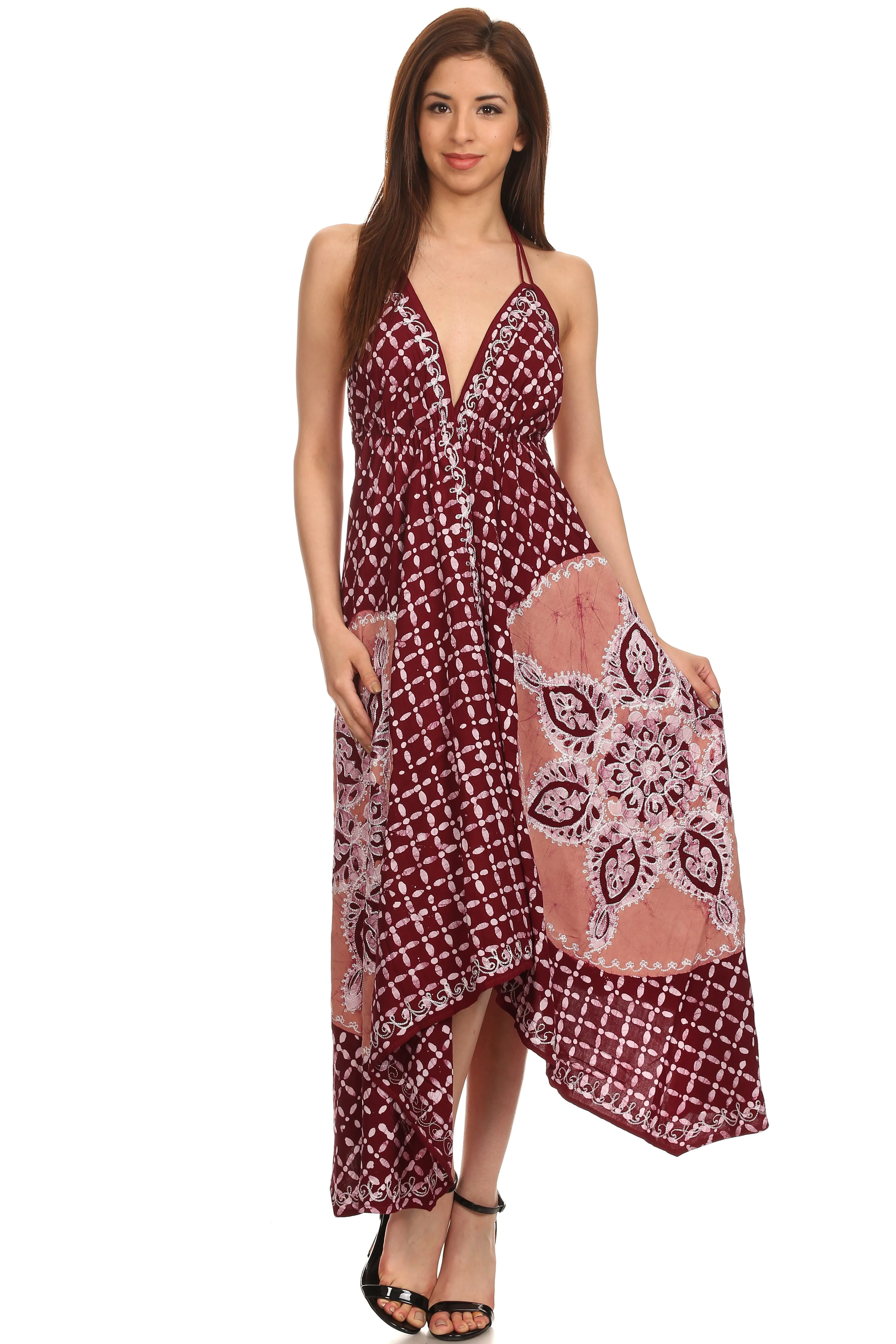 Sakkas Shana Batik Embroidered Handkerchief Hem Adjustable Halter Dress