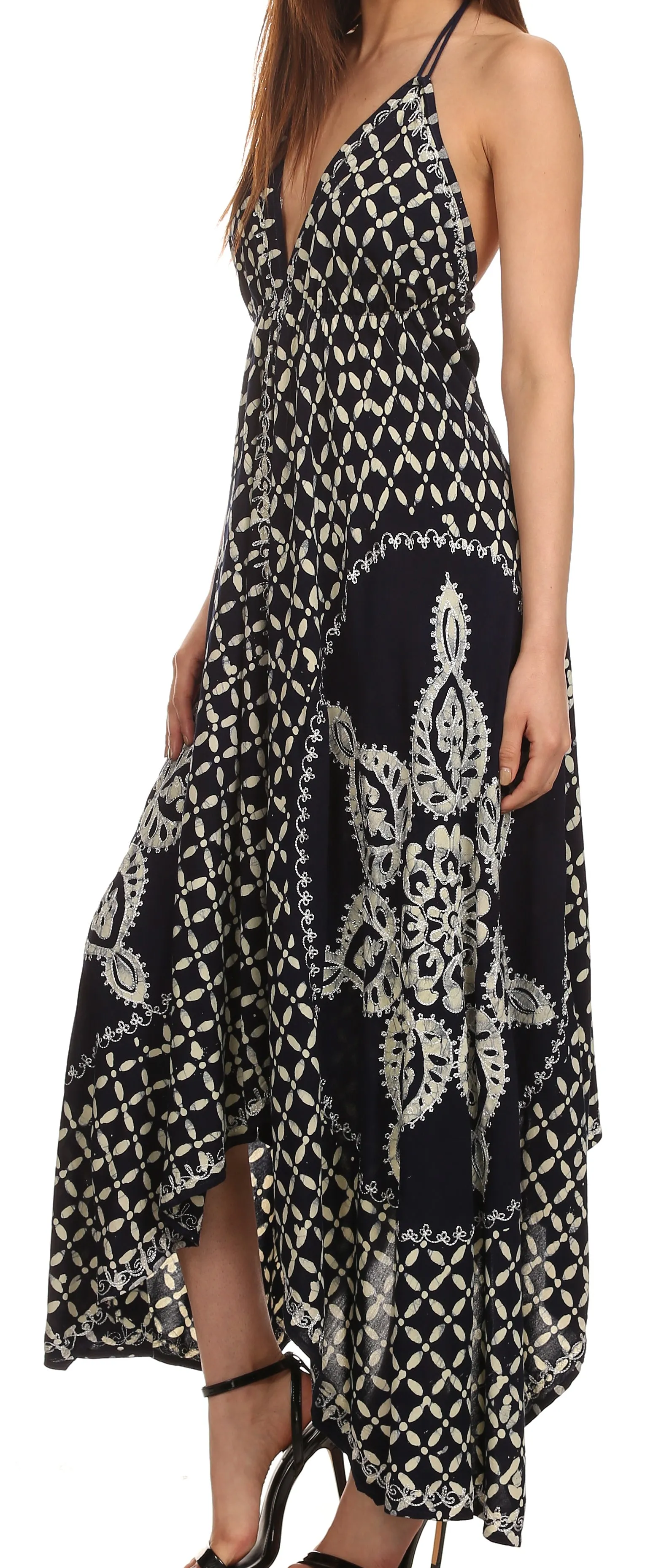 Sakkas Shana Batik Embroidered Handkerchief Hem Adjustable Halter Dress