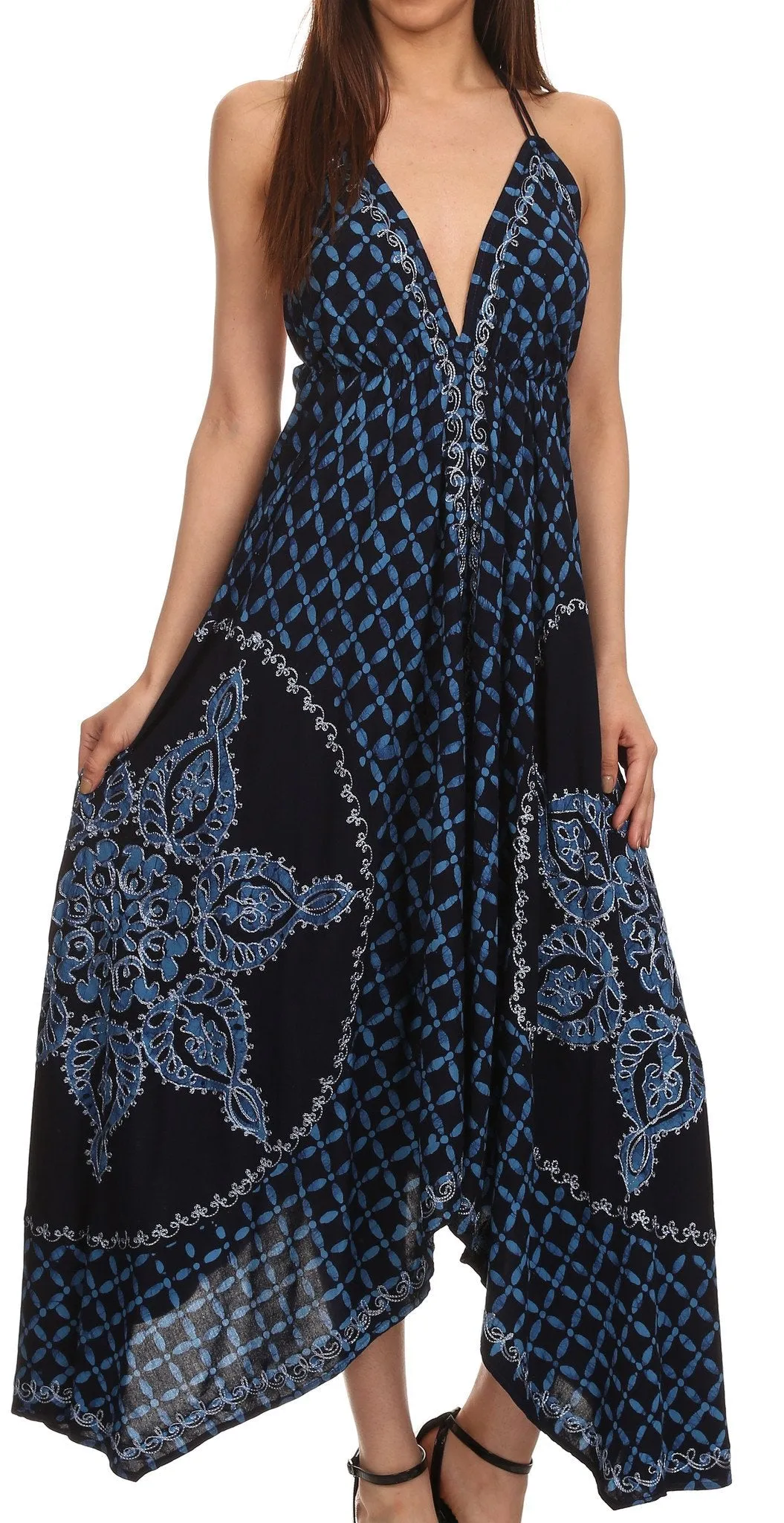 Sakkas Shana Batik Embroidered Handkerchief Hem Adjustable Halter Dress