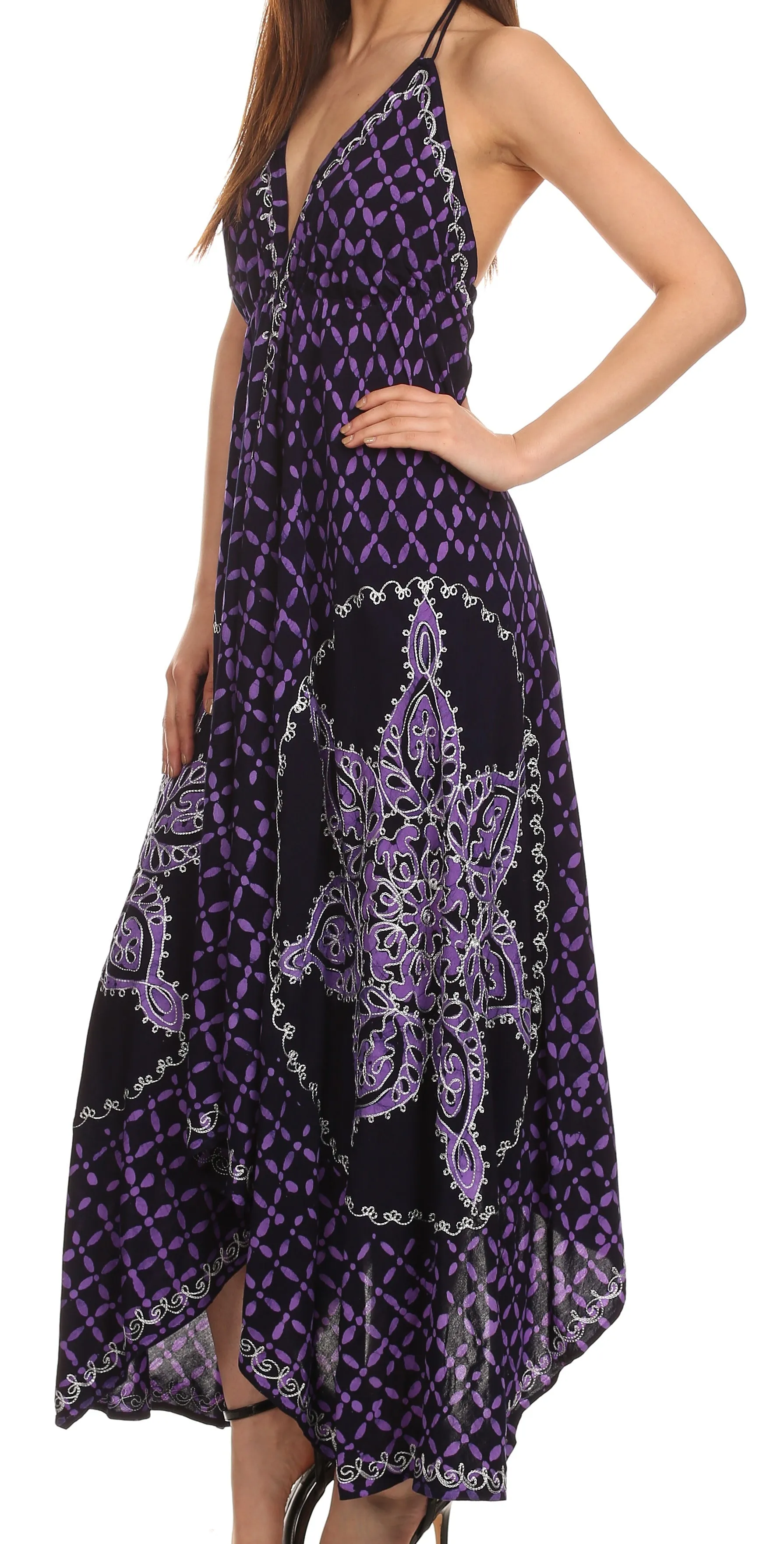 Sakkas Shana Batik Embroidered Handkerchief Hem Adjustable Halter Dress