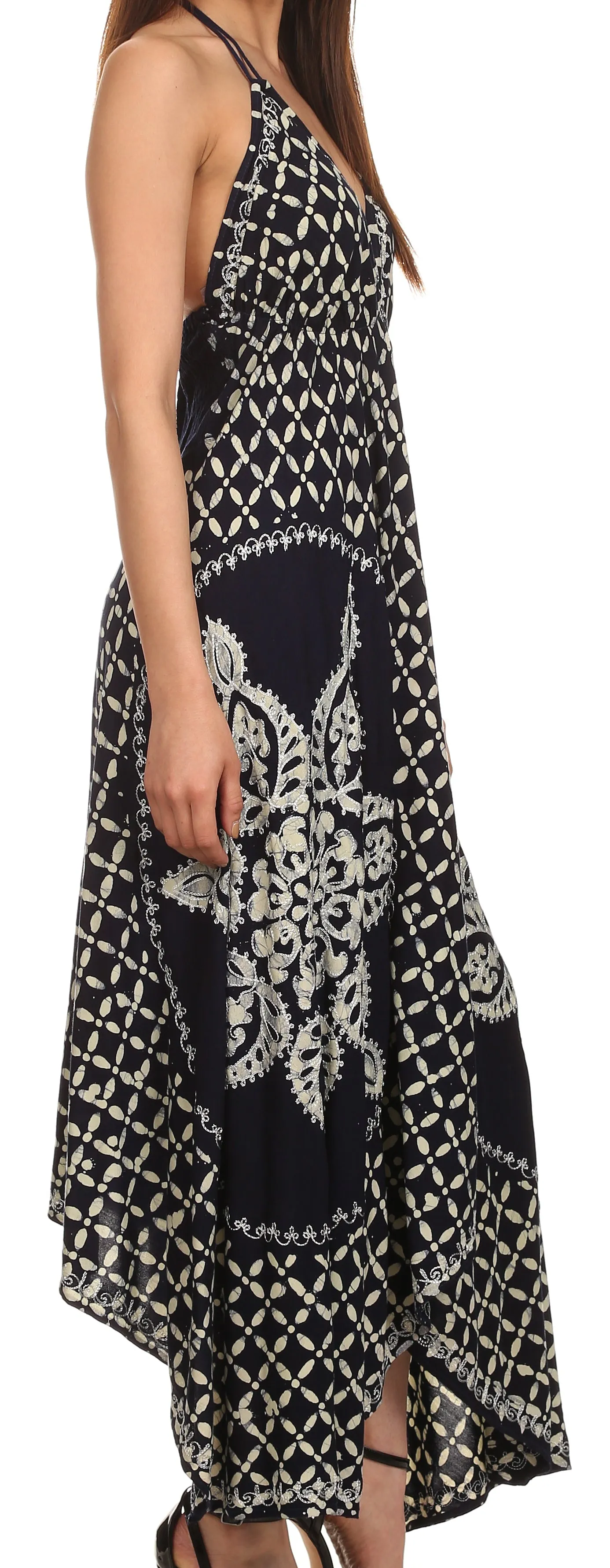 Sakkas Shana Batik Embroidered Handkerchief Hem Adjustable Halter Dress