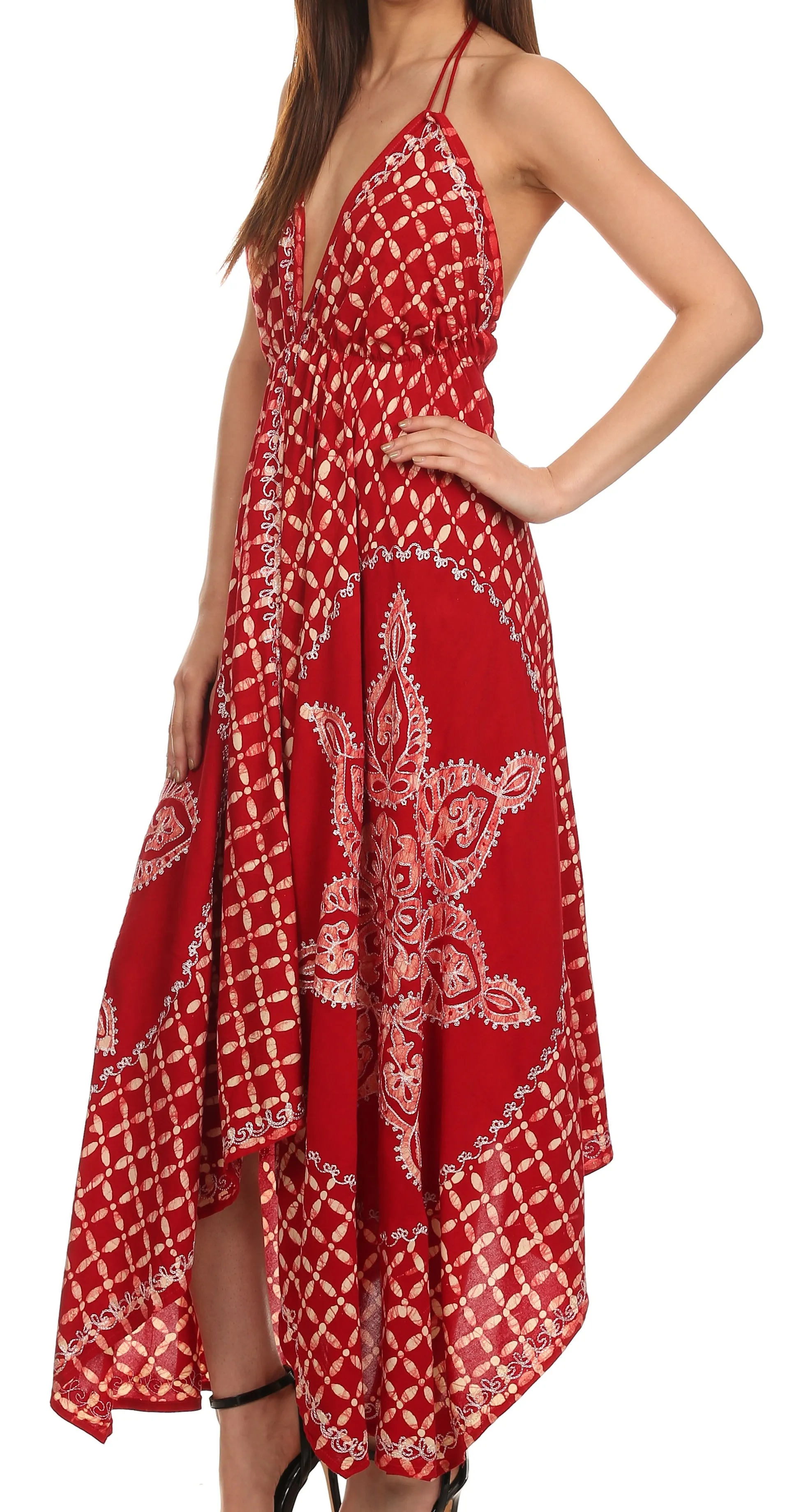 Sakkas Shana Batik Embroidered Handkerchief Hem Adjustable Halter Dress