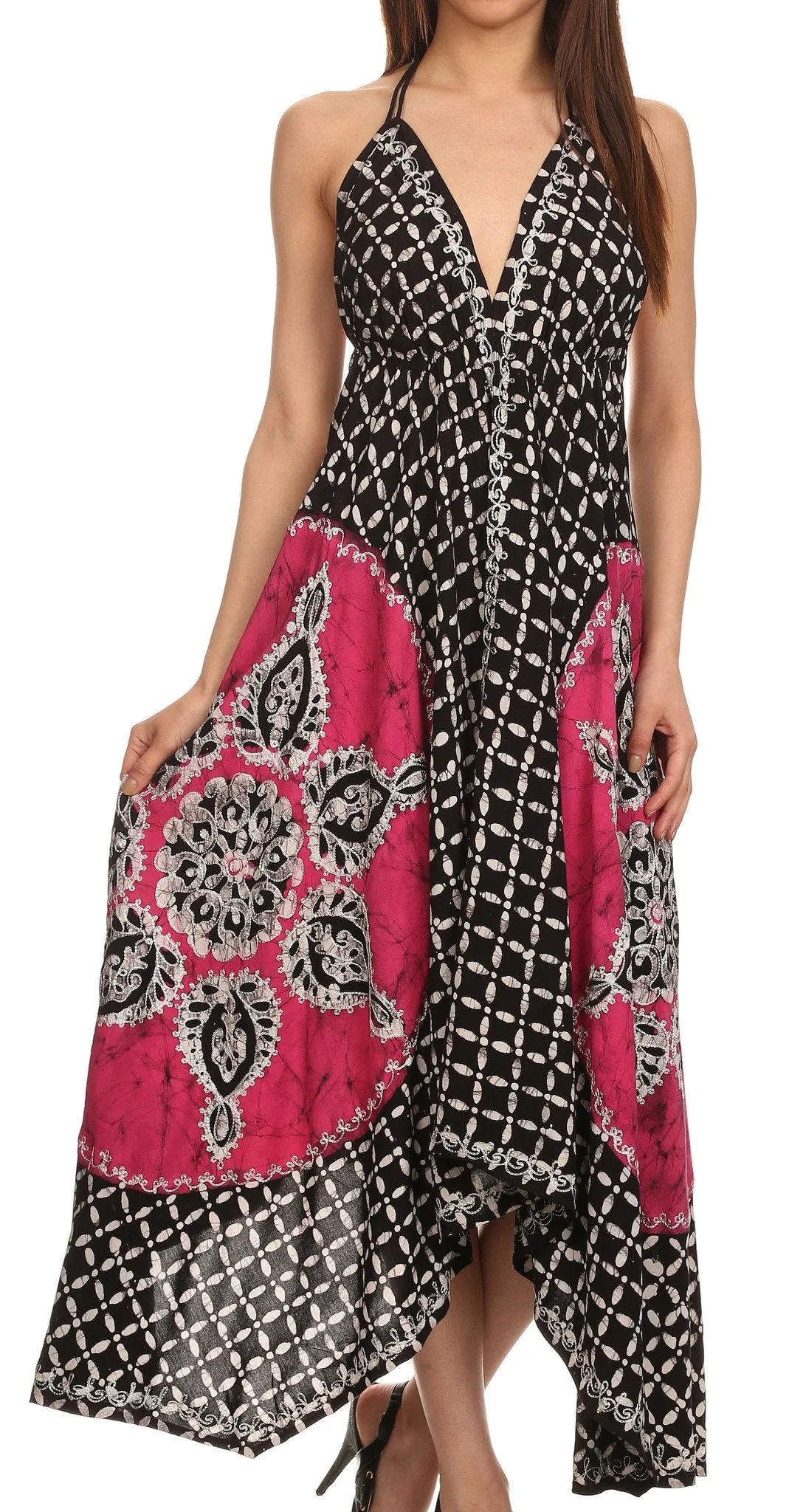 Sakkas Shana Batik Embroidered Handkerchief Hem Adjustable Halter Dress