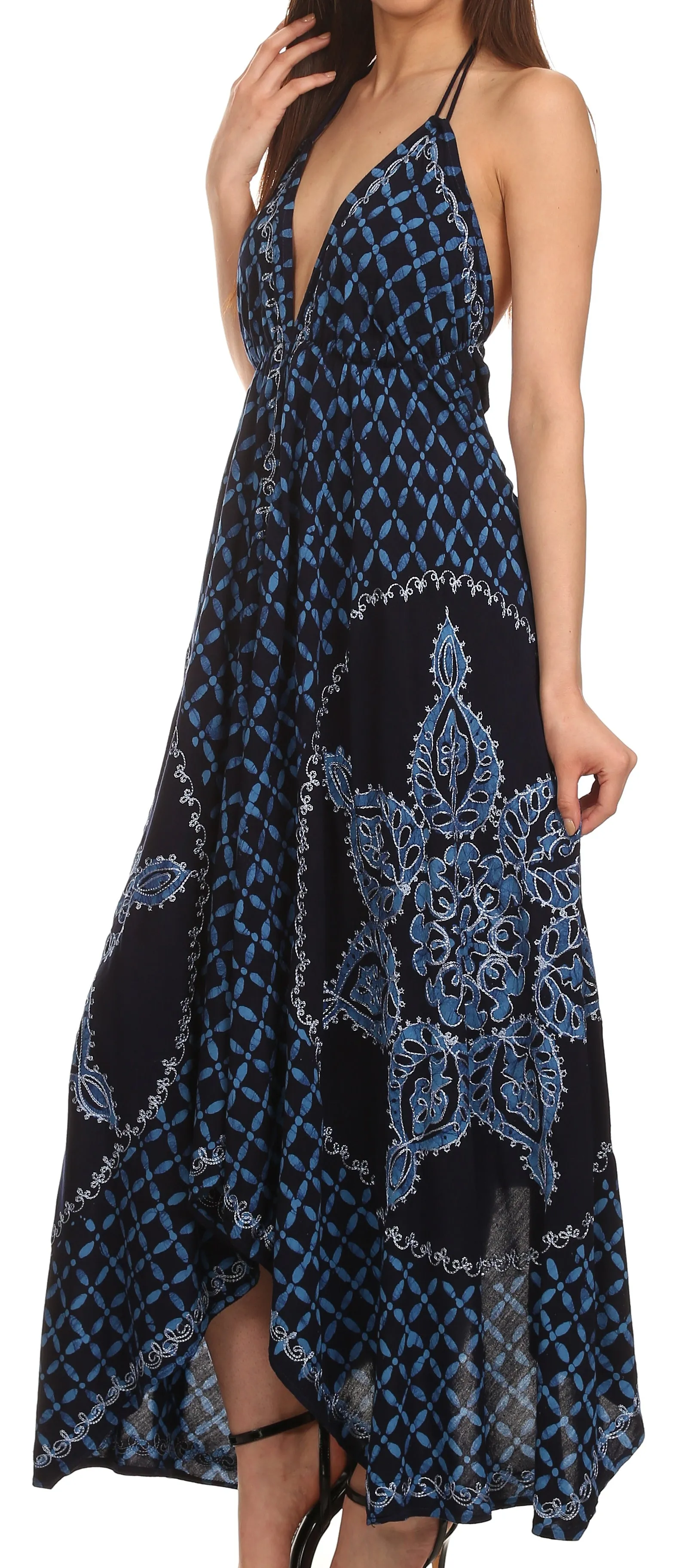 Sakkas Shana Batik Embroidered Handkerchief Hem Adjustable Halter Dress