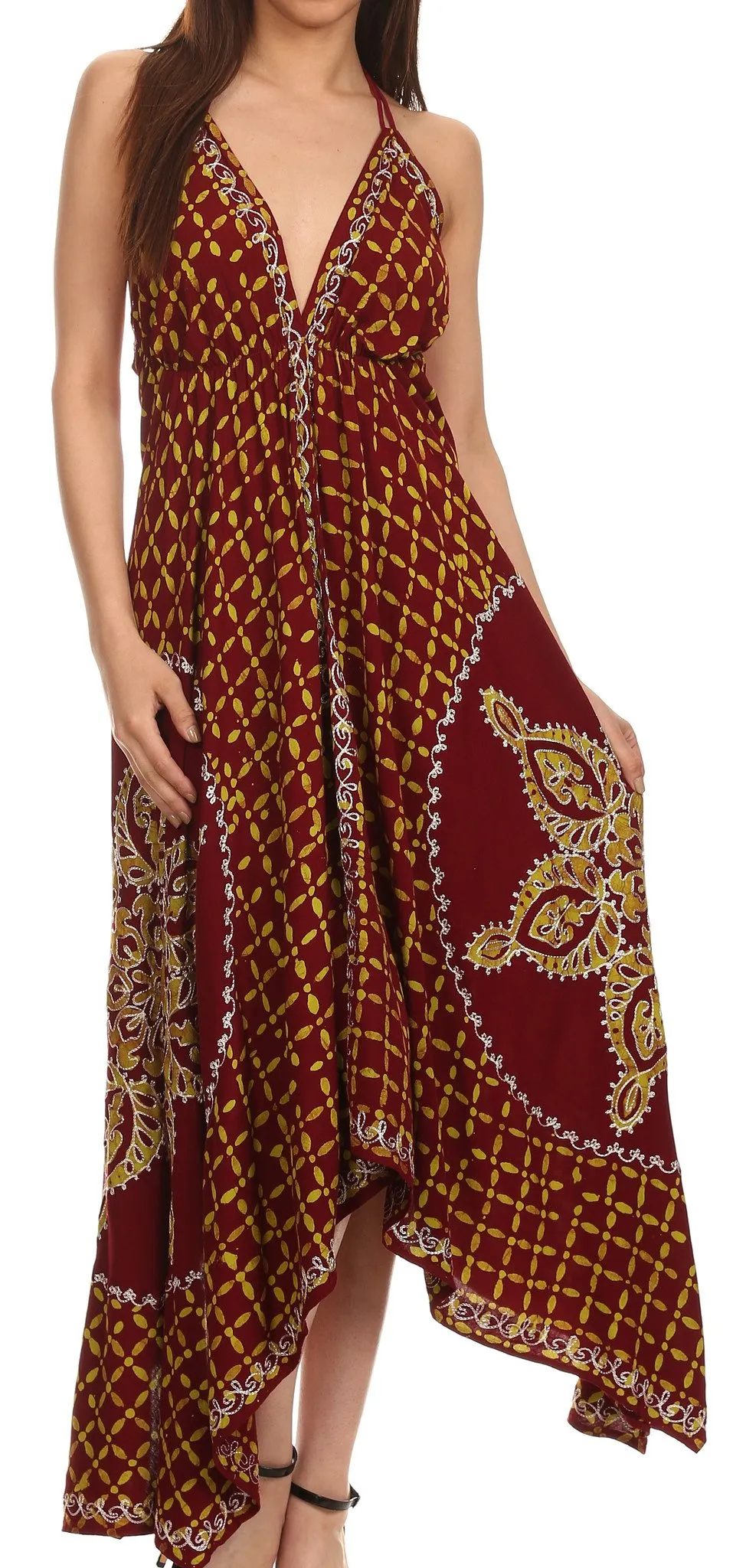 Sakkas Shana Batik Embroidered Handkerchief Hem Adjustable Halter Dress