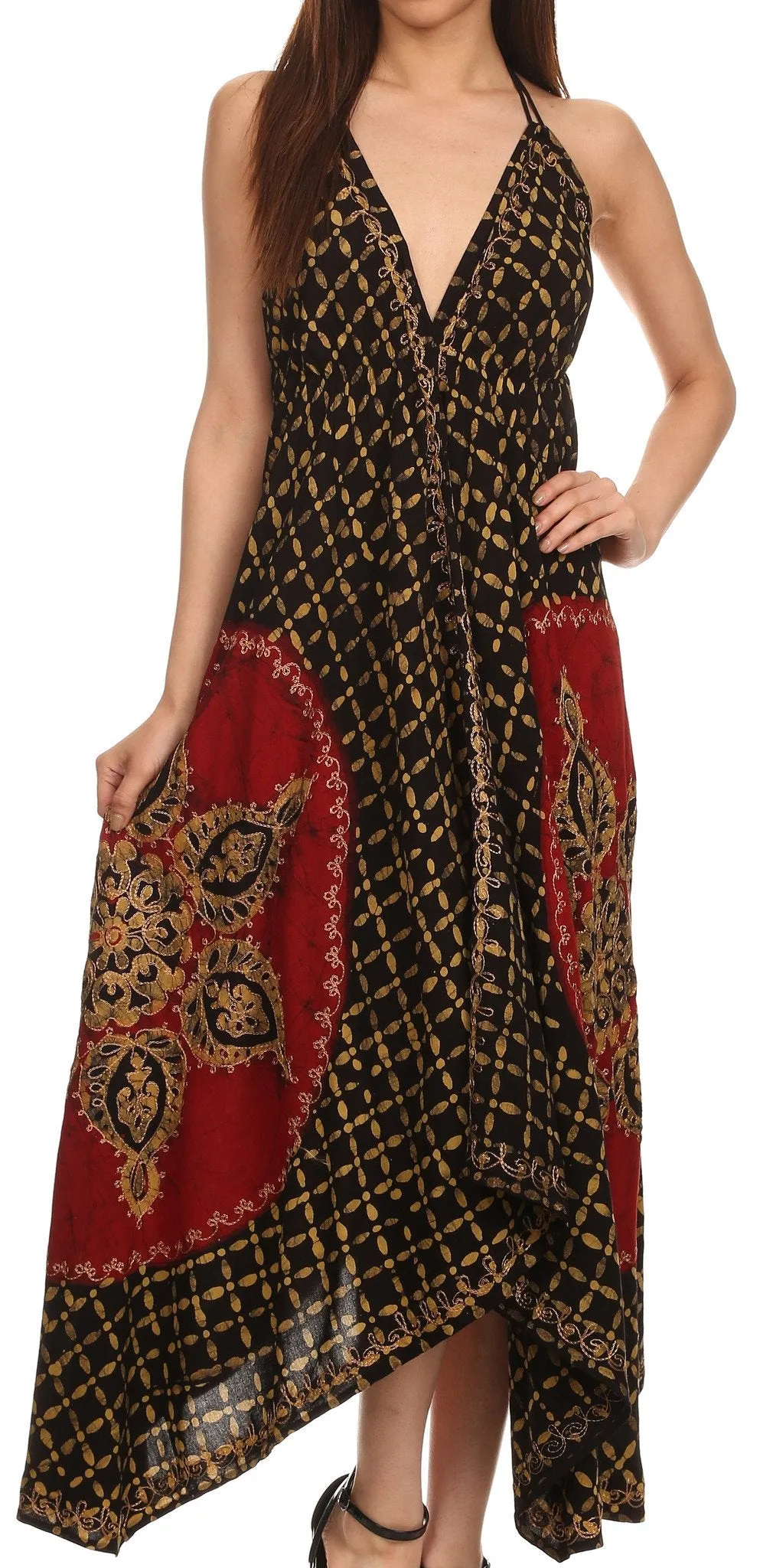 Sakkas Shana Batik Embroidered Handkerchief Hem Adjustable Halter Dress