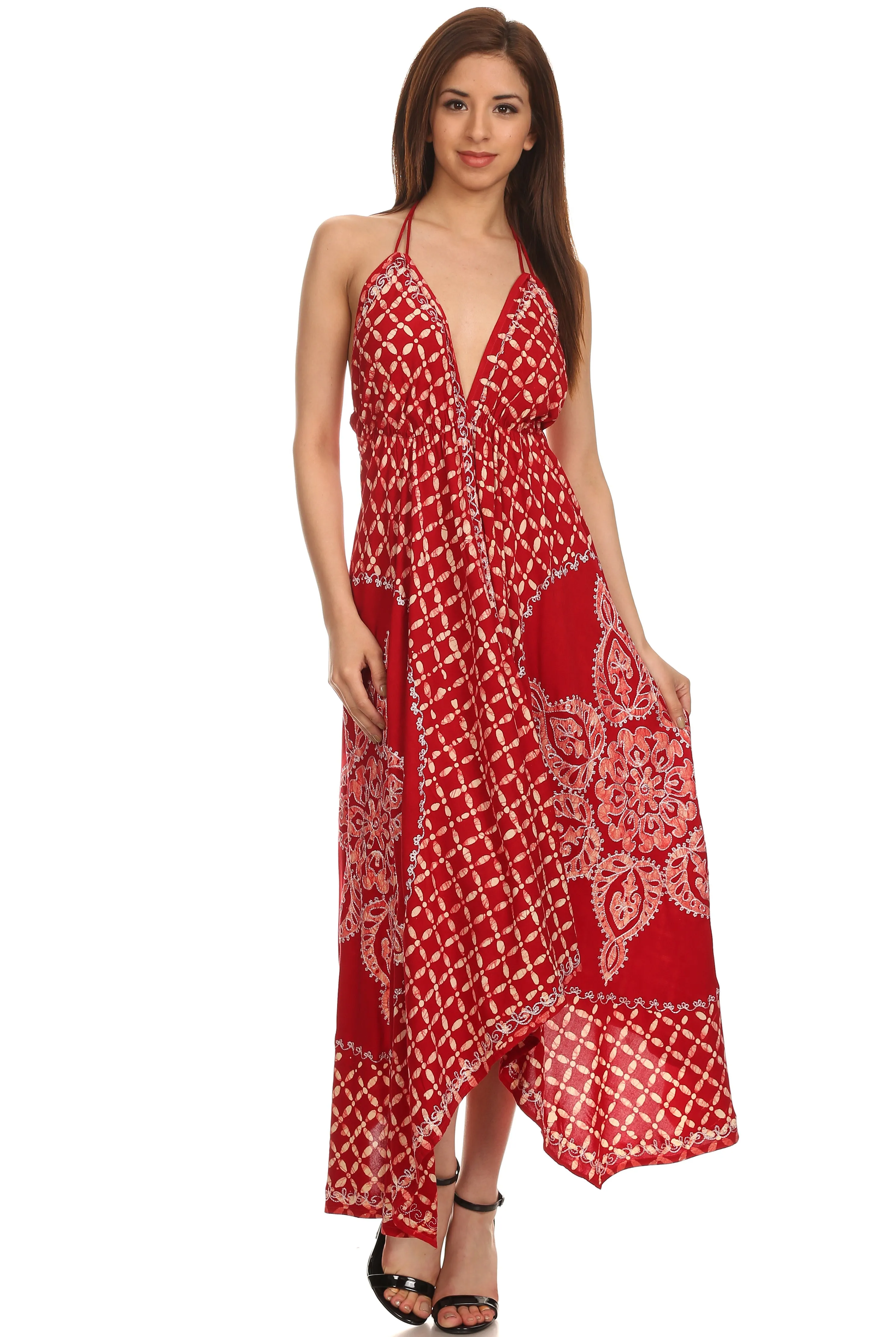 Sakkas Shana Batik Embroidered Handkerchief Hem Adjustable Halter Dress