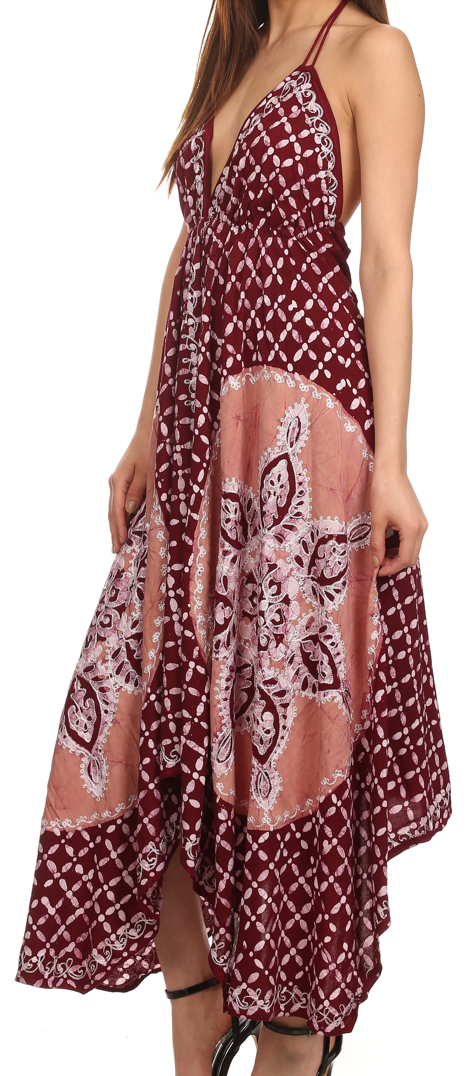 Sakkas Shana Batik Embroidered Handkerchief Hem Adjustable Halter Dress