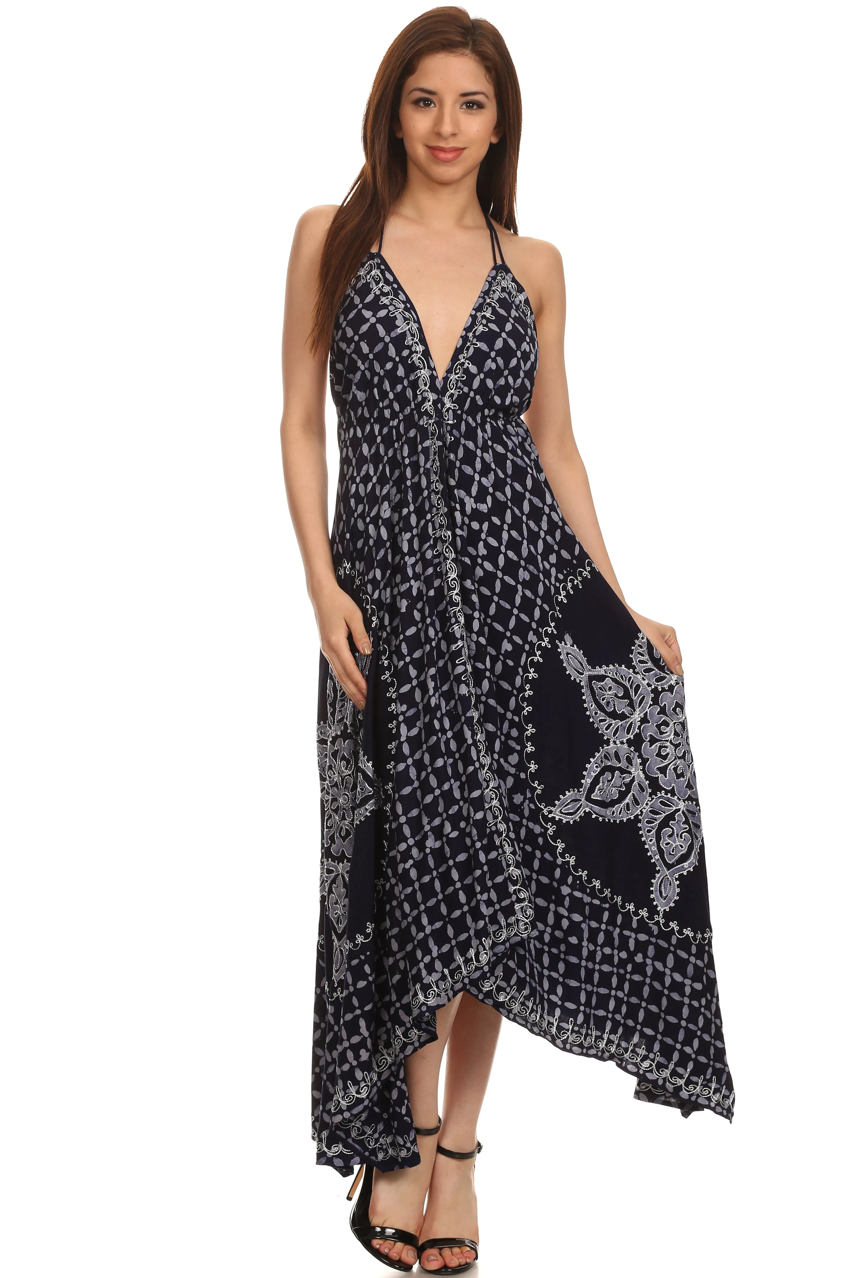 Sakkas Shana Batik Embroidered Handkerchief Hem Adjustable Halter Dress