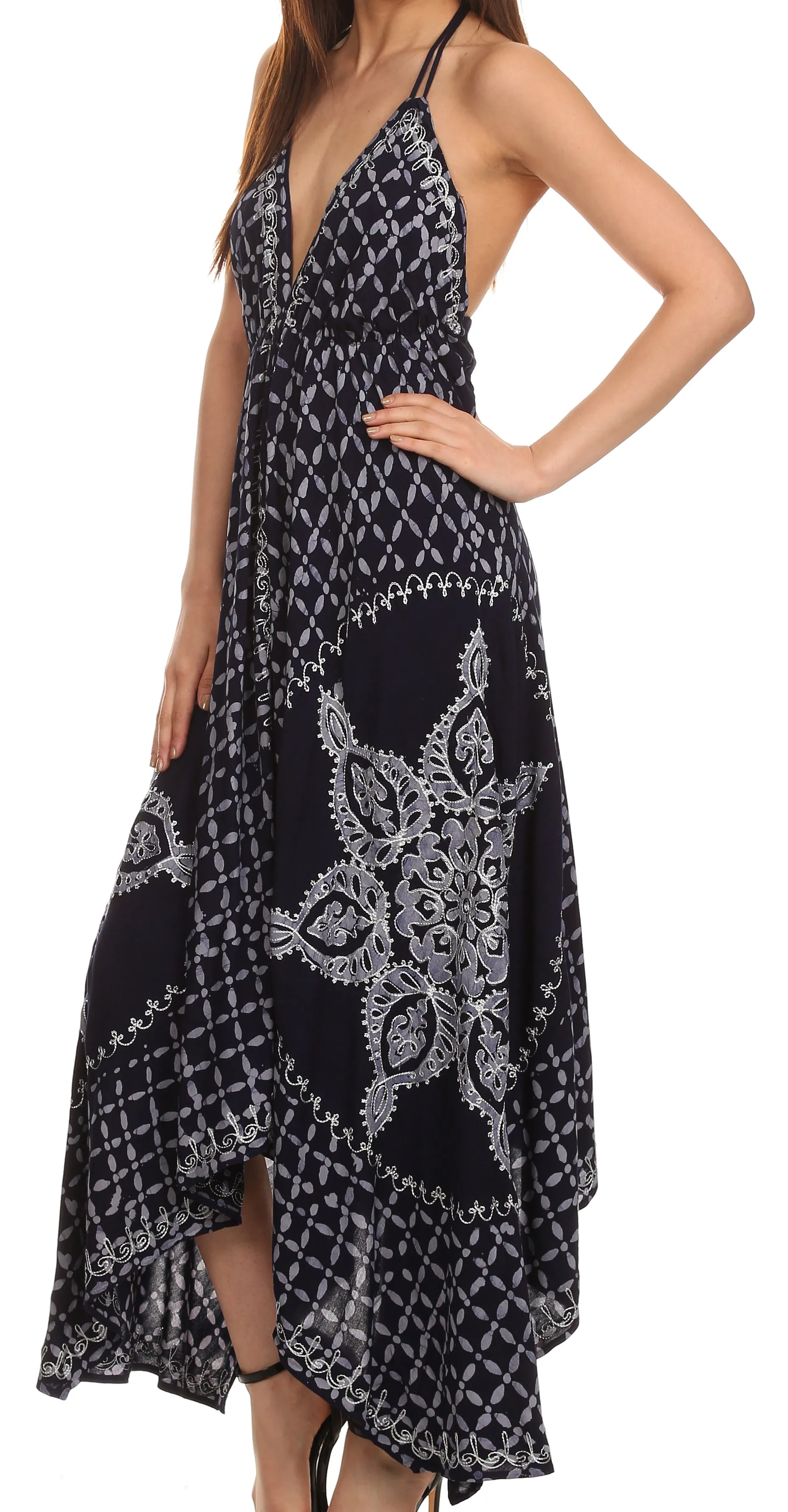 Sakkas Shana Batik Embroidered Handkerchief Hem Adjustable Halter Dress