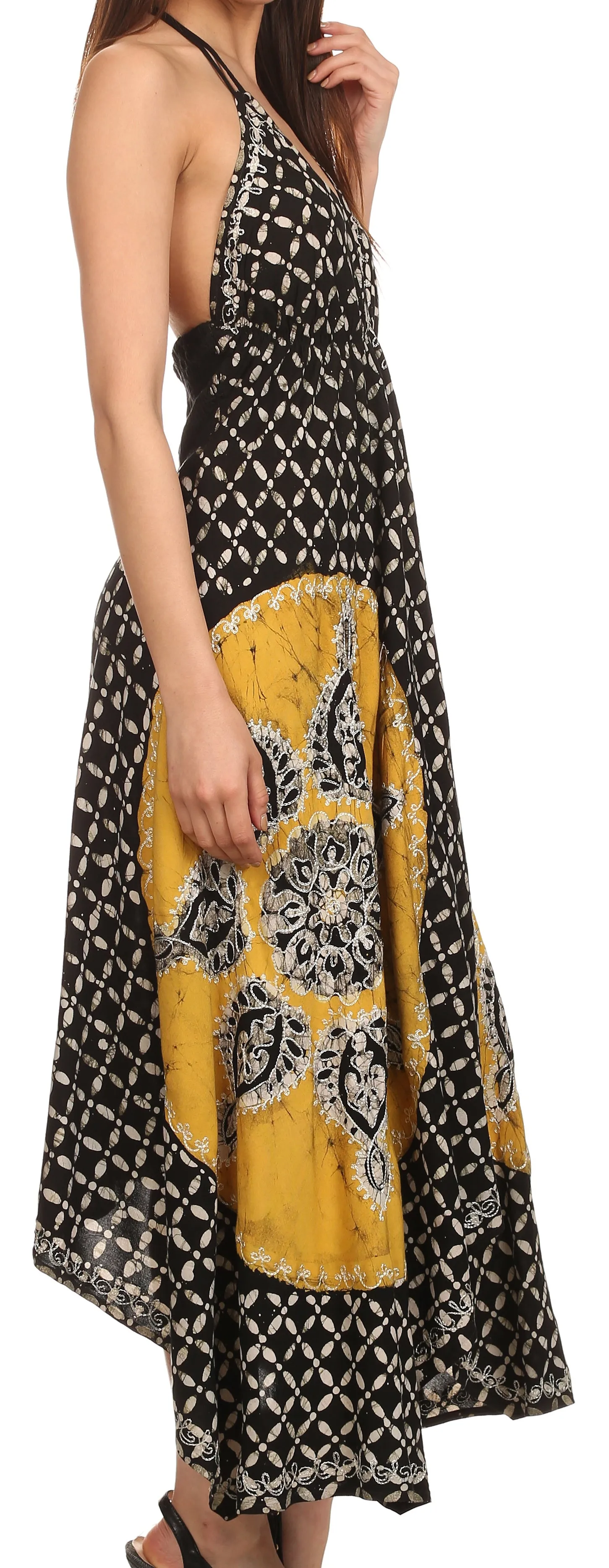 Sakkas Shana Batik Embroidered Handkerchief Hem Adjustable Halter Dress