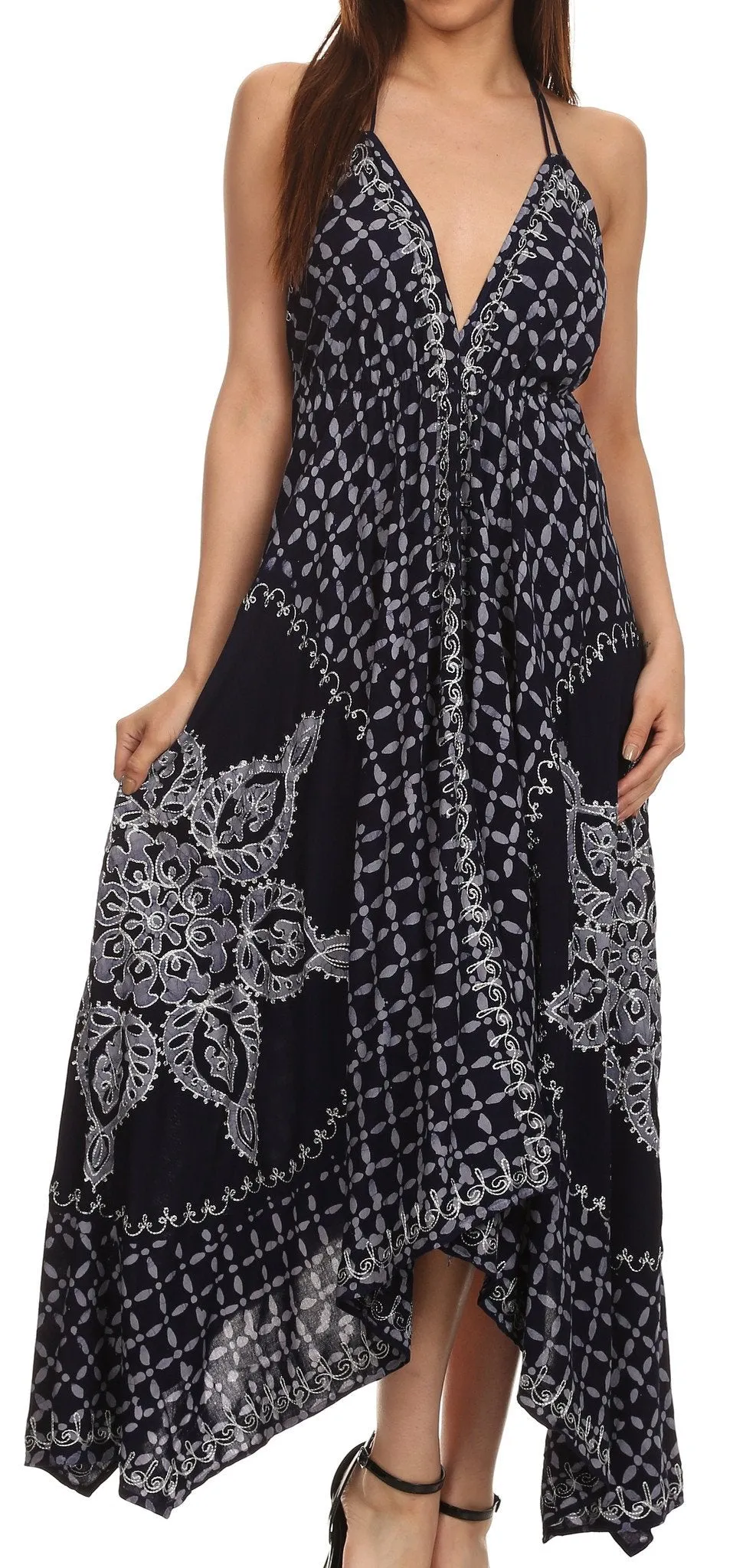 Sakkas Shana Batik Embroidered Handkerchief Hem Adjustable Halter Dress