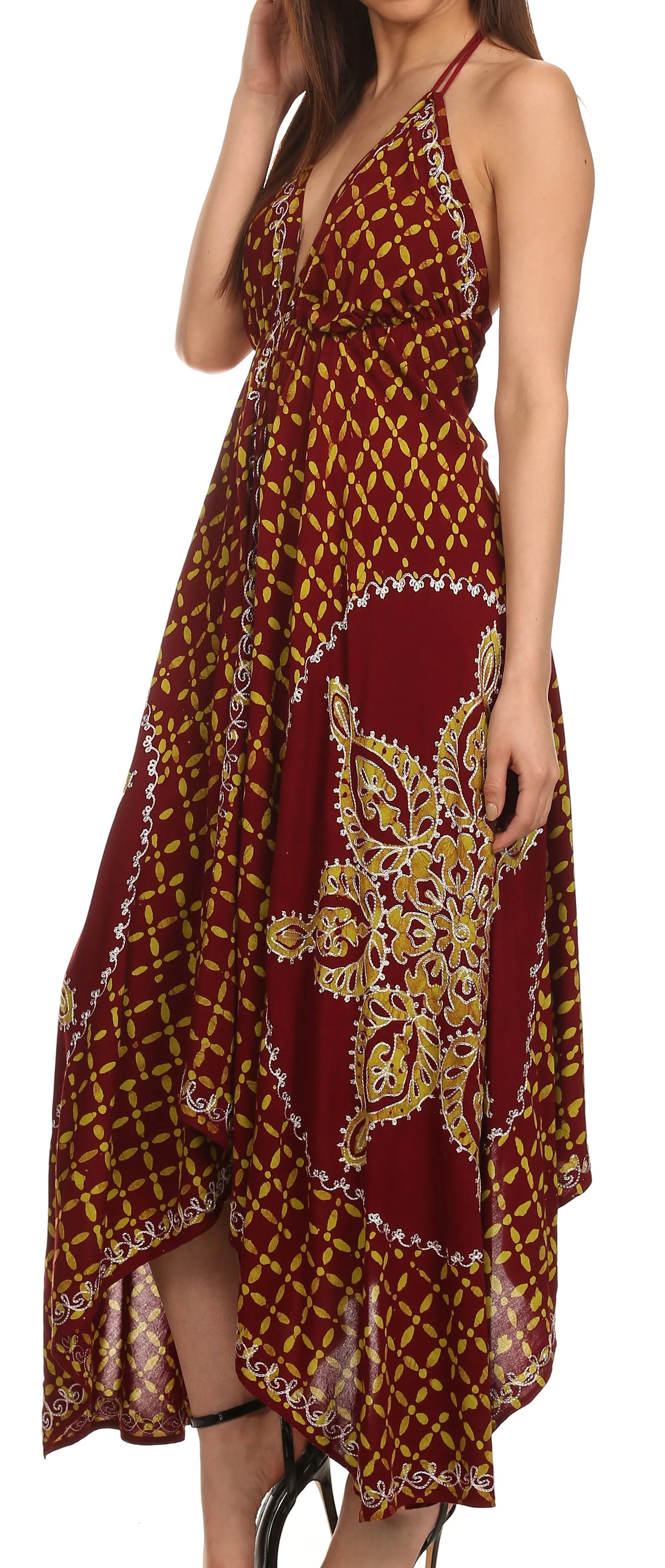 Sakkas Shana Batik Embroidered Handkerchief Hem Adjustable Halter Dress