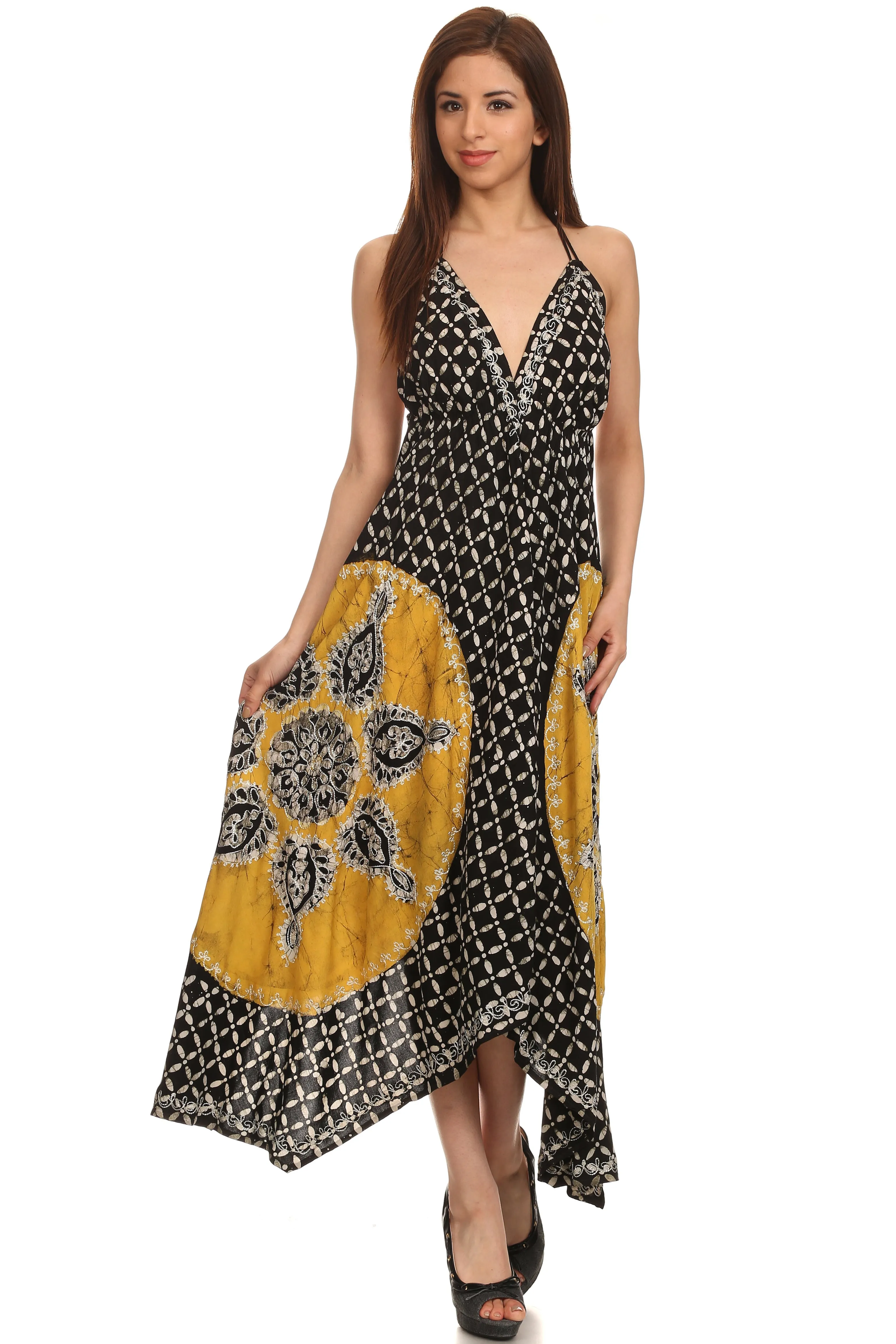 Sakkas Shana Batik Embroidered Handkerchief Hem Adjustable Halter Dress