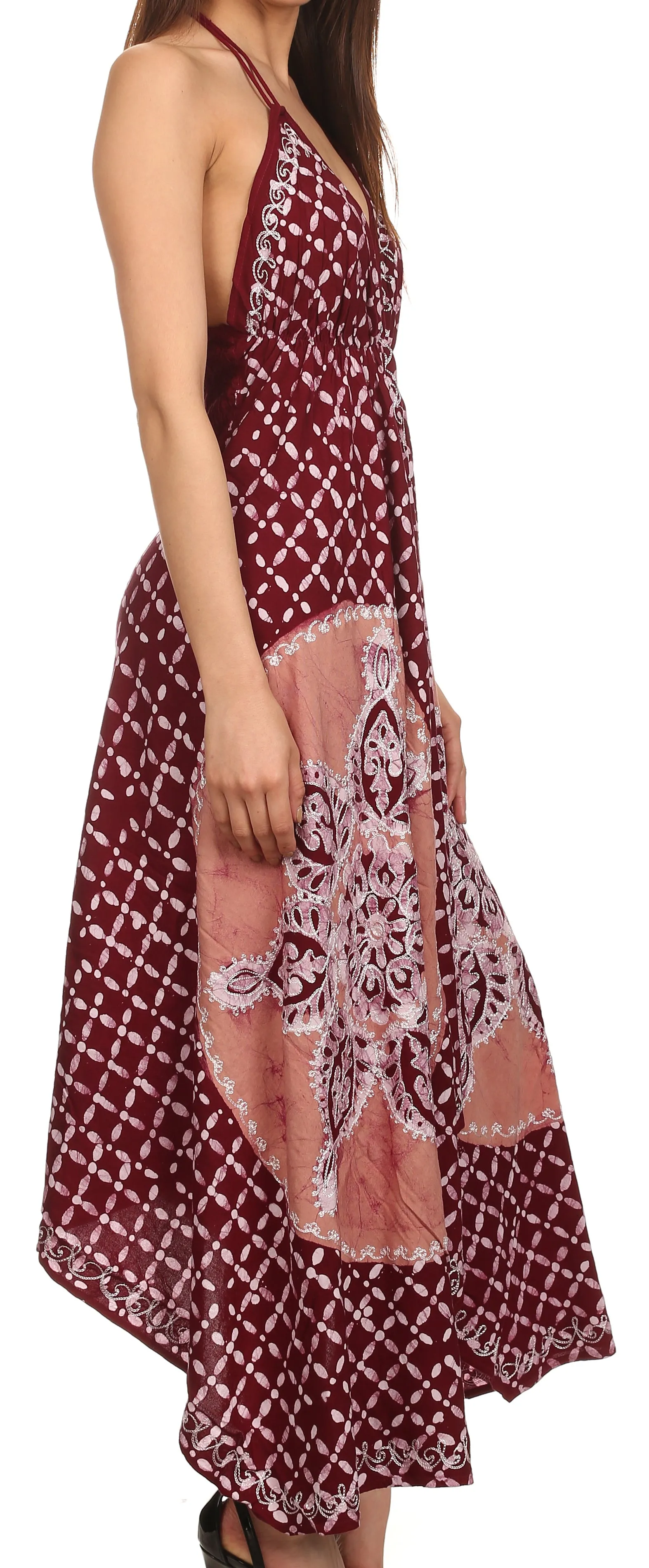 Sakkas Shana Batik Embroidered Handkerchief Hem Adjustable Halter Dress