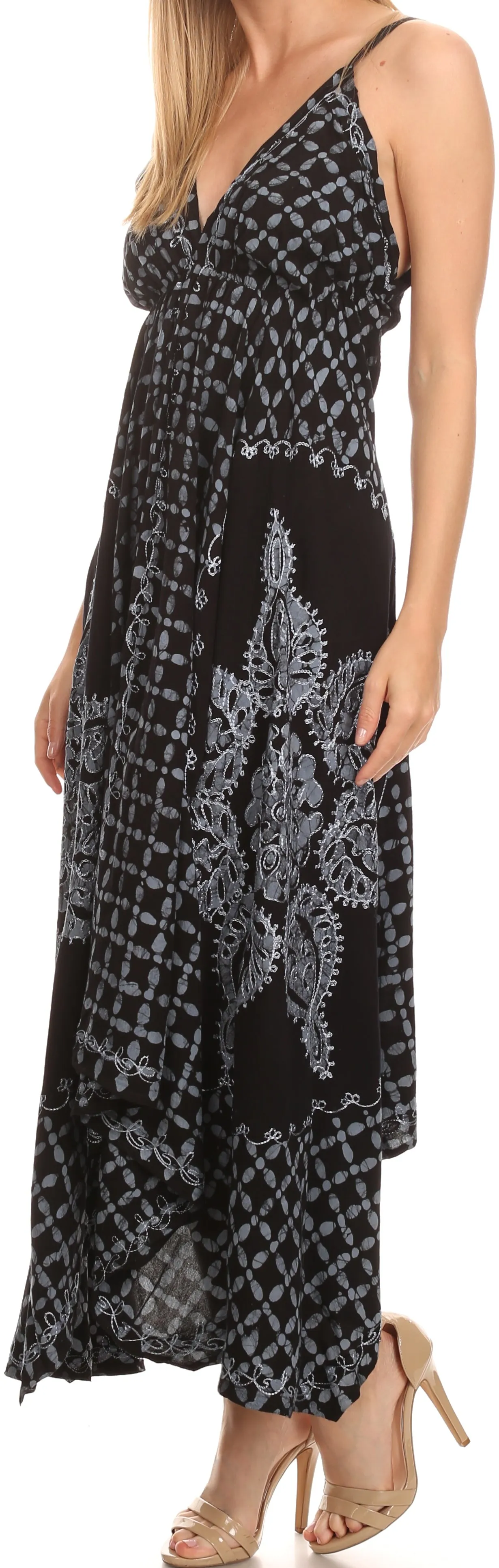 Sakkas Shana Batik Embroidered Handkerchief Hem Adjustable Halter Dress