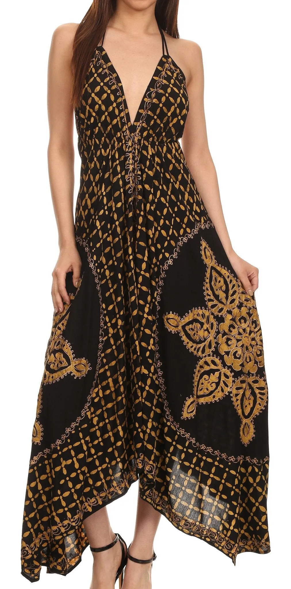 Sakkas Shana Batik Embroidered Handkerchief Hem Adjustable Halter Dress