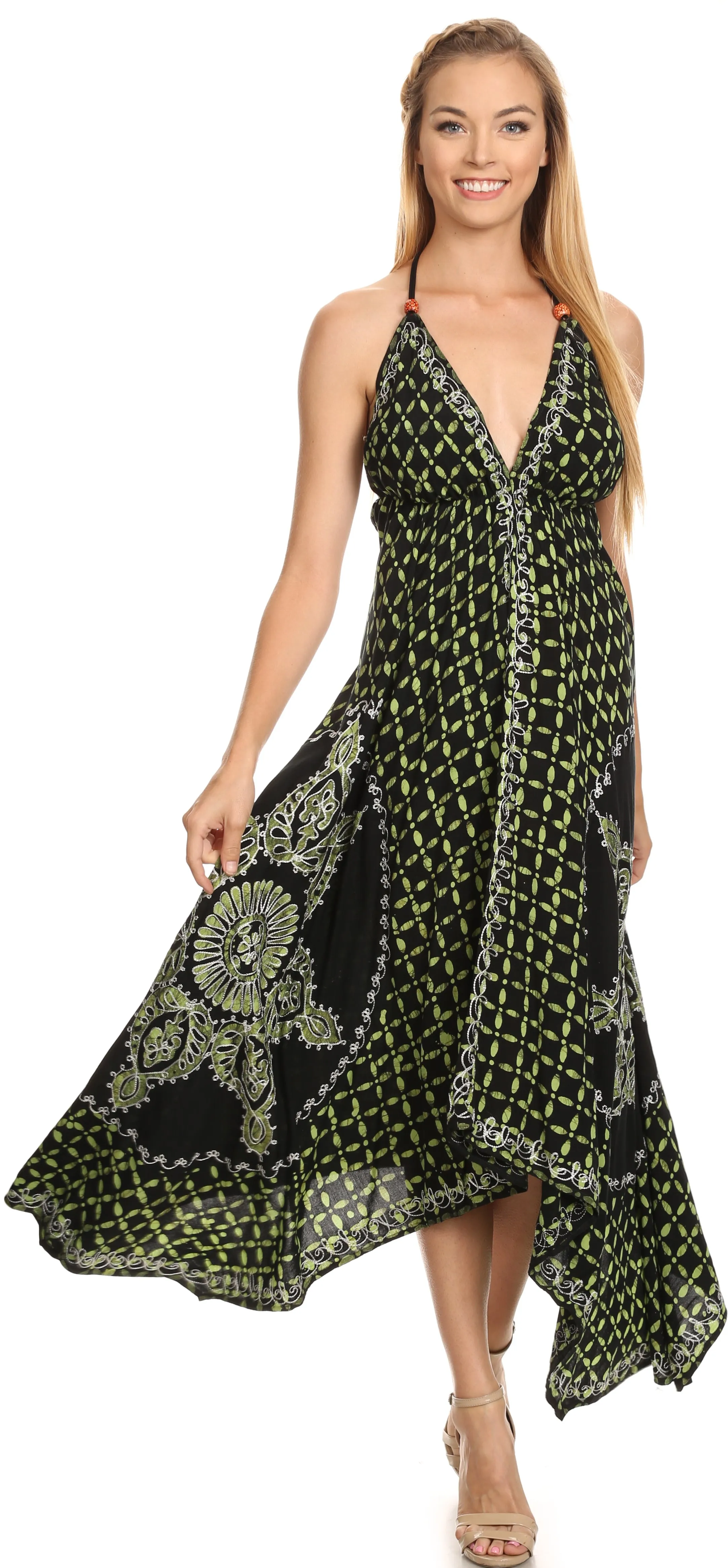 Sakkas Shana Batik Embroidered Handkerchief Hem Adjustable Halter Dress