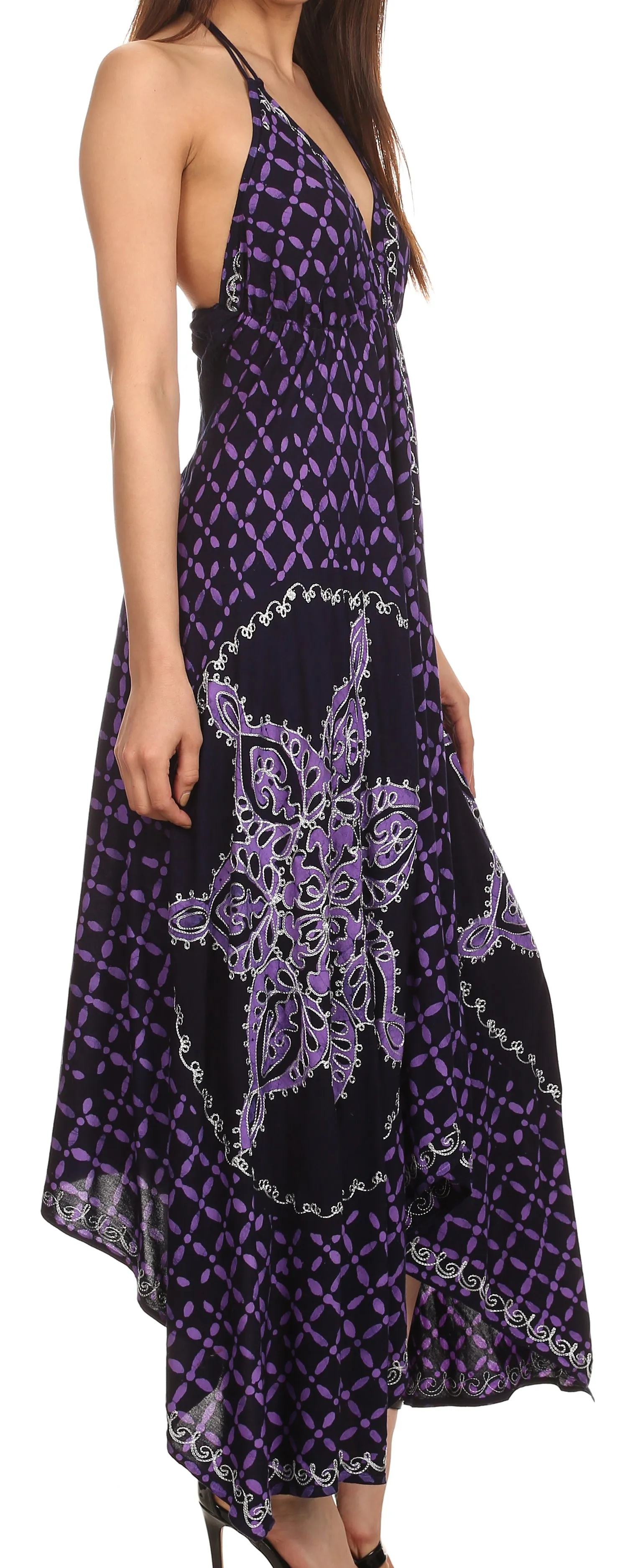 Sakkas Shana Batik Embroidered Handkerchief Hem Adjustable Halter Dress