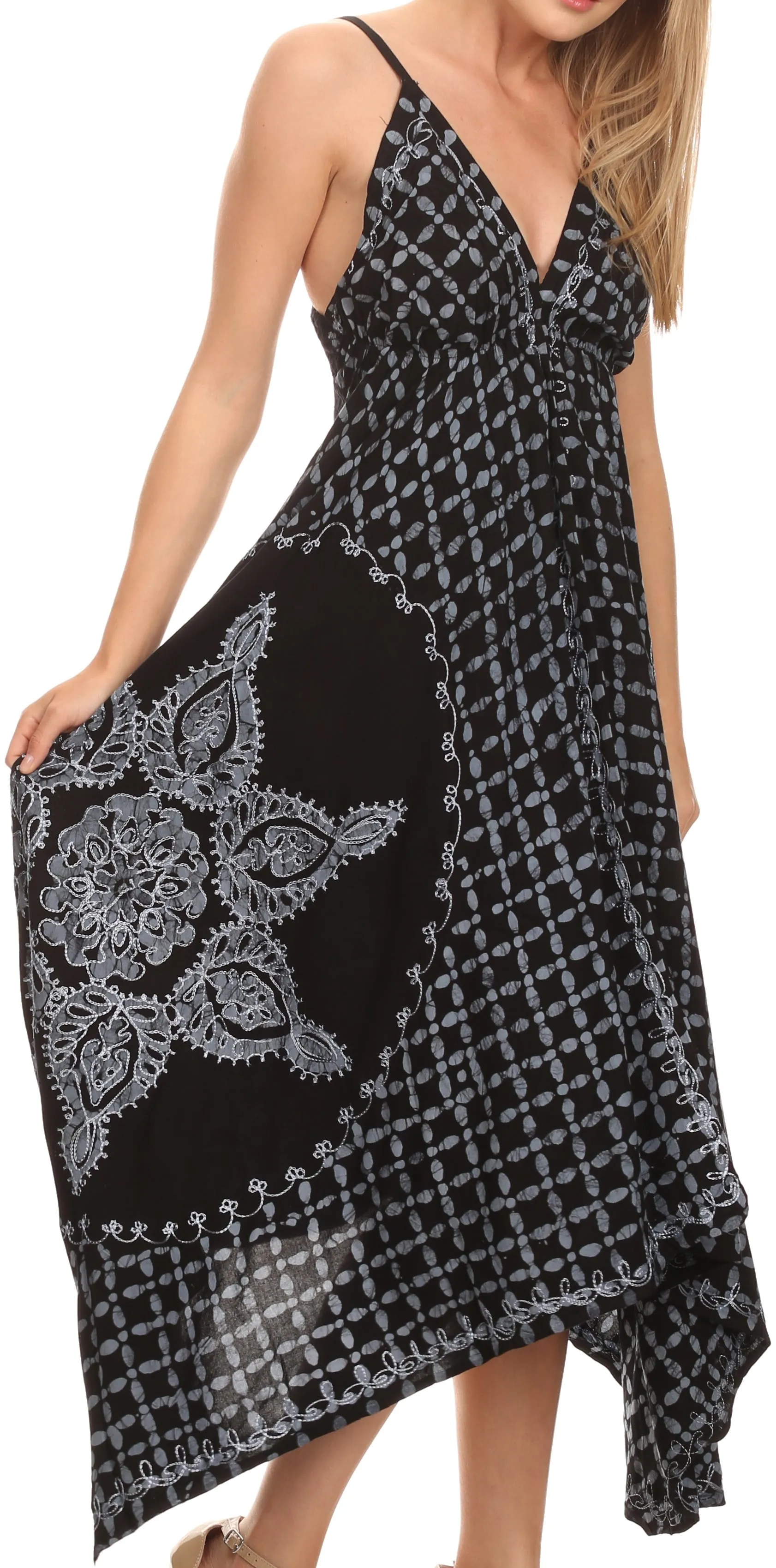 Sakkas Shana Batik Embroidered Handkerchief Hem Adjustable Halter Dress