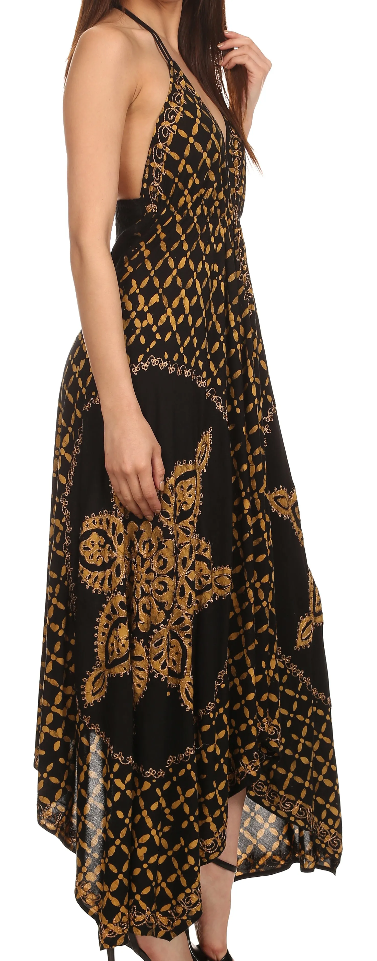 Sakkas Shana Batik Embroidered Handkerchief Hem Adjustable Halter Dress