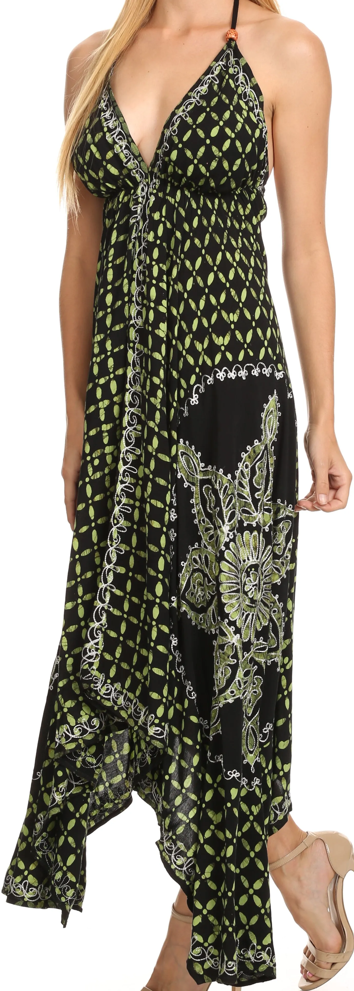 Sakkas Shana Batik Embroidered Handkerchief Hem Adjustable Halter Dress