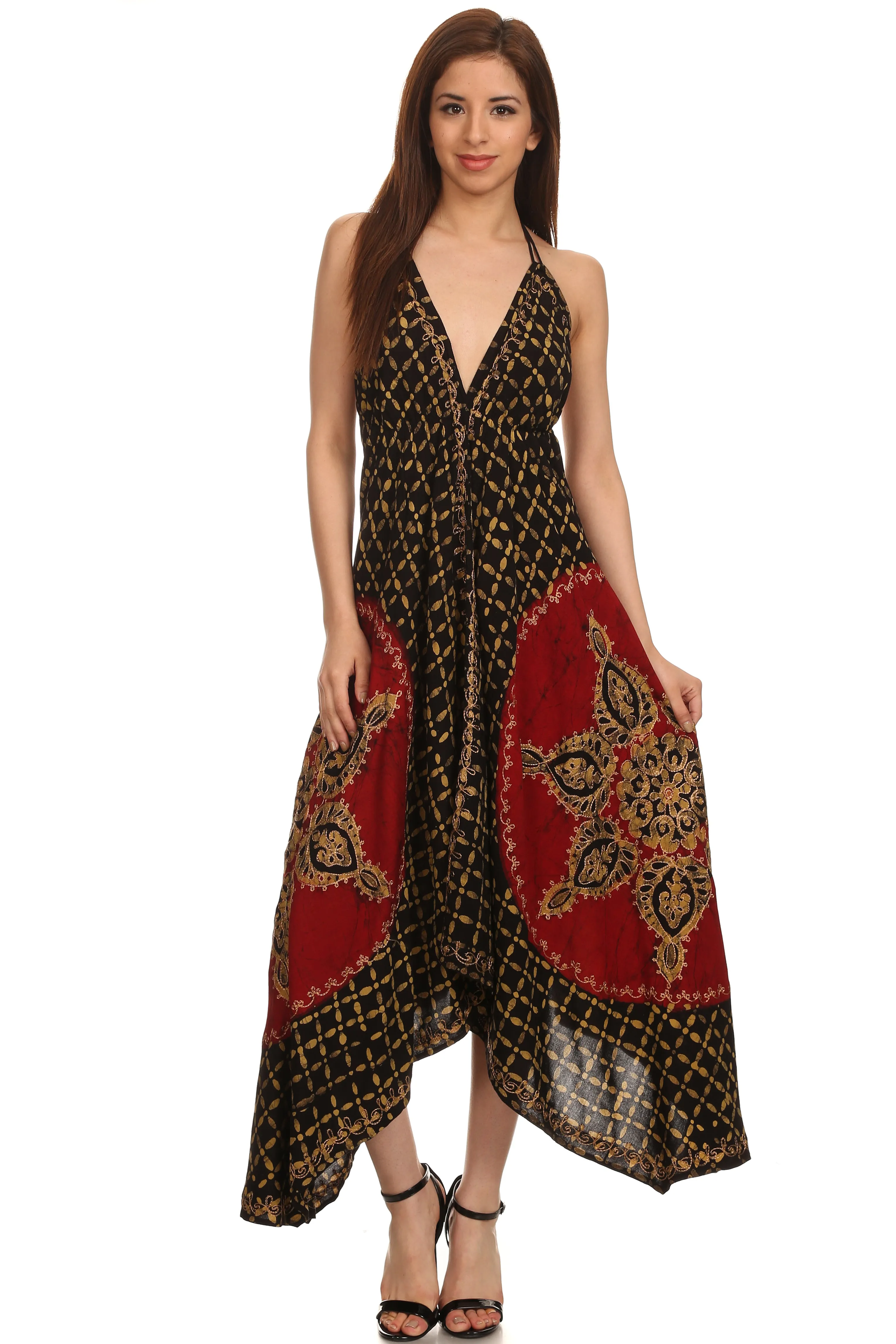 Sakkas Shana Batik Embroidered Handkerchief Hem Adjustable Halter Dress