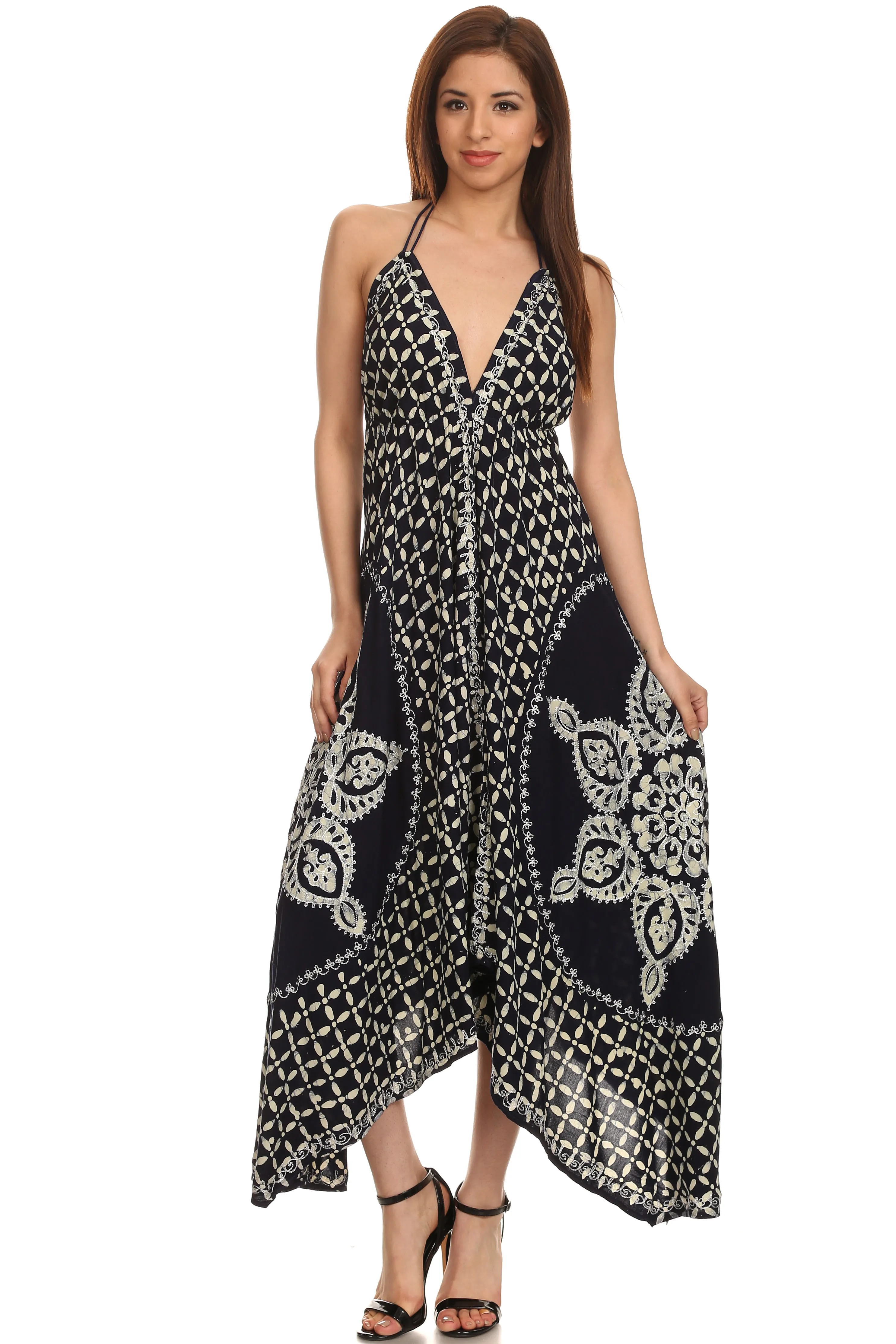 Sakkas Shana Batik Embroidered Handkerchief Hem Adjustable Halter Dress