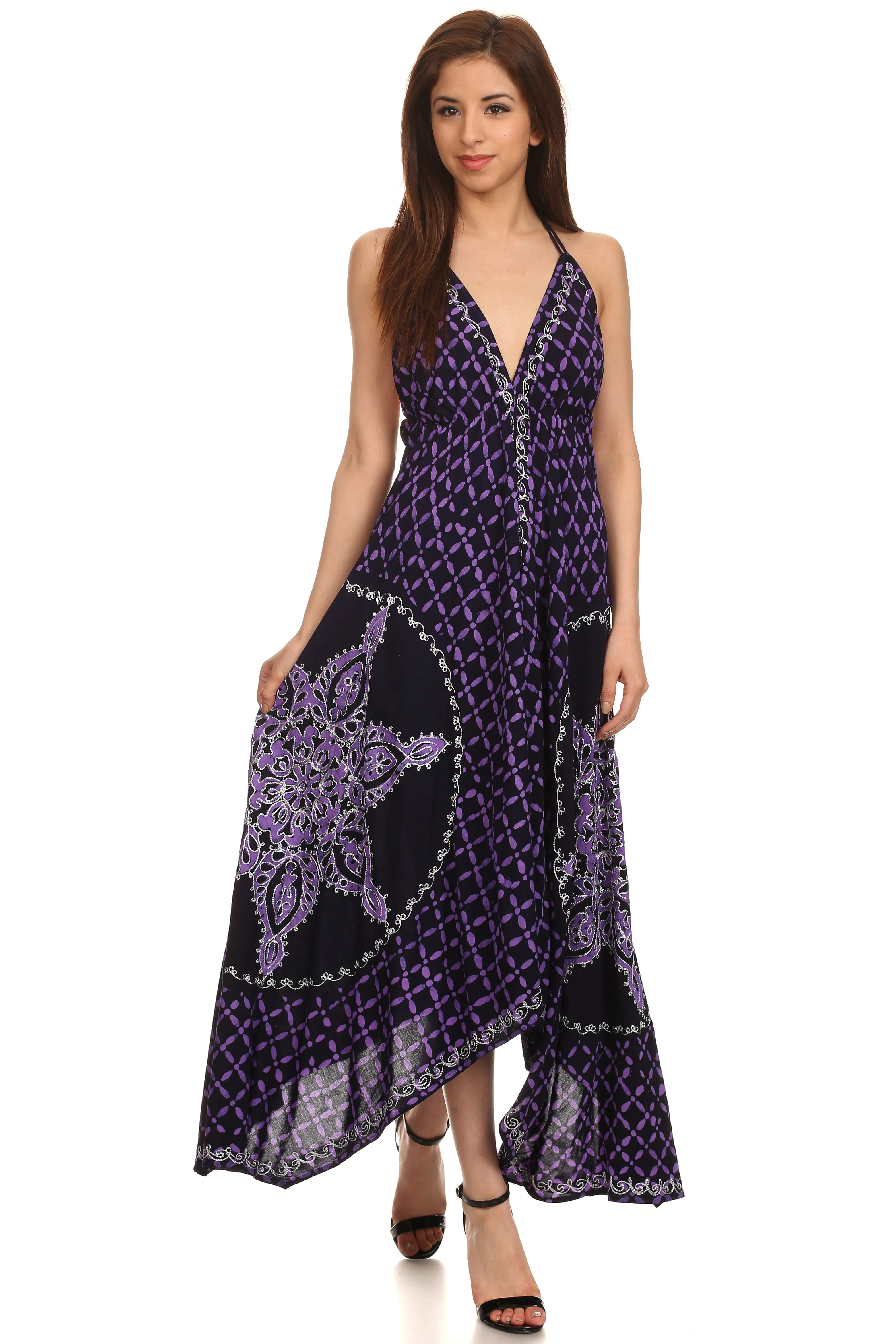 Sakkas Shana Batik Embroidered Handkerchief Hem Adjustable Halter Dress