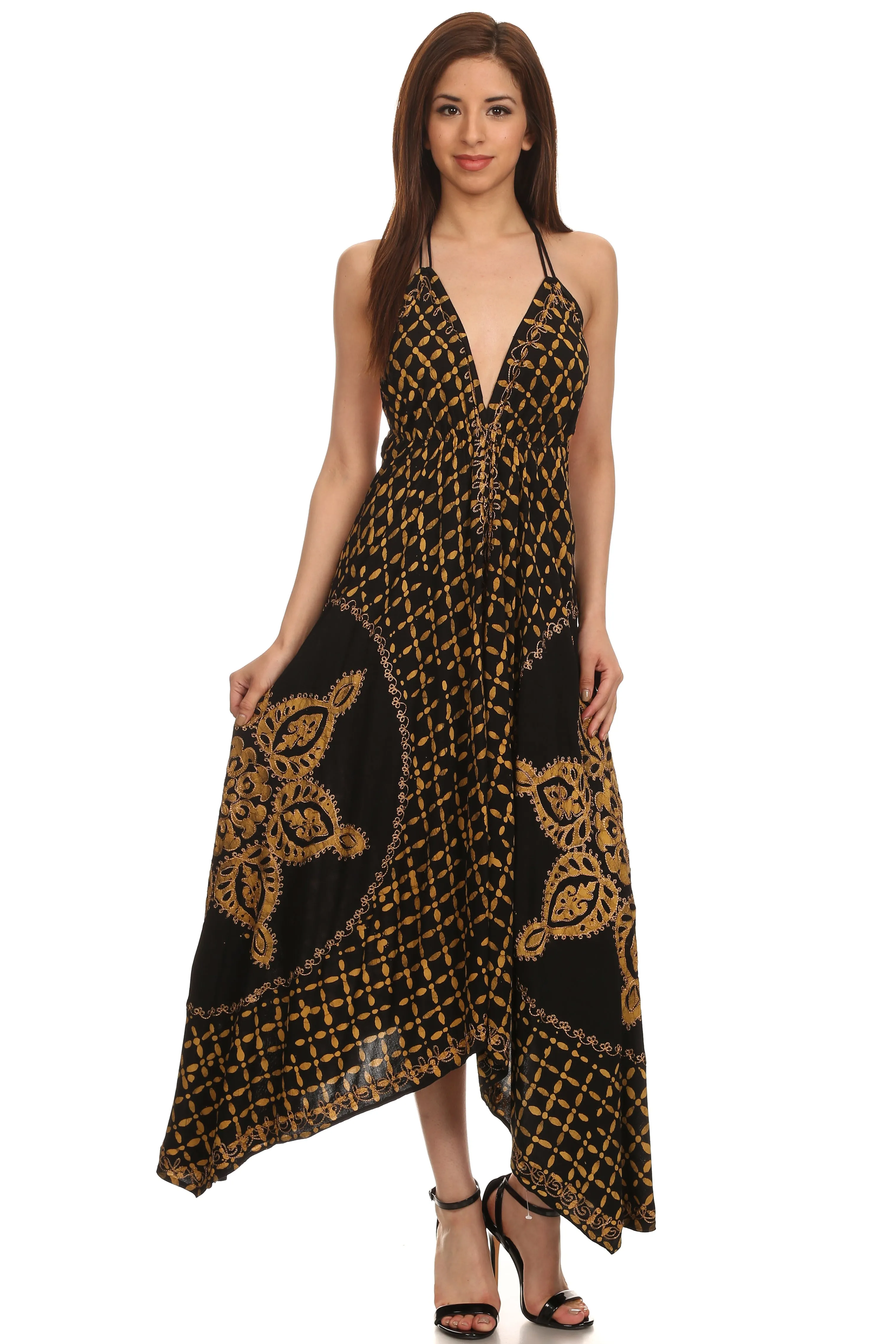 Sakkas Shana Batik Embroidered Handkerchief Hem Adjustable Halter Dress