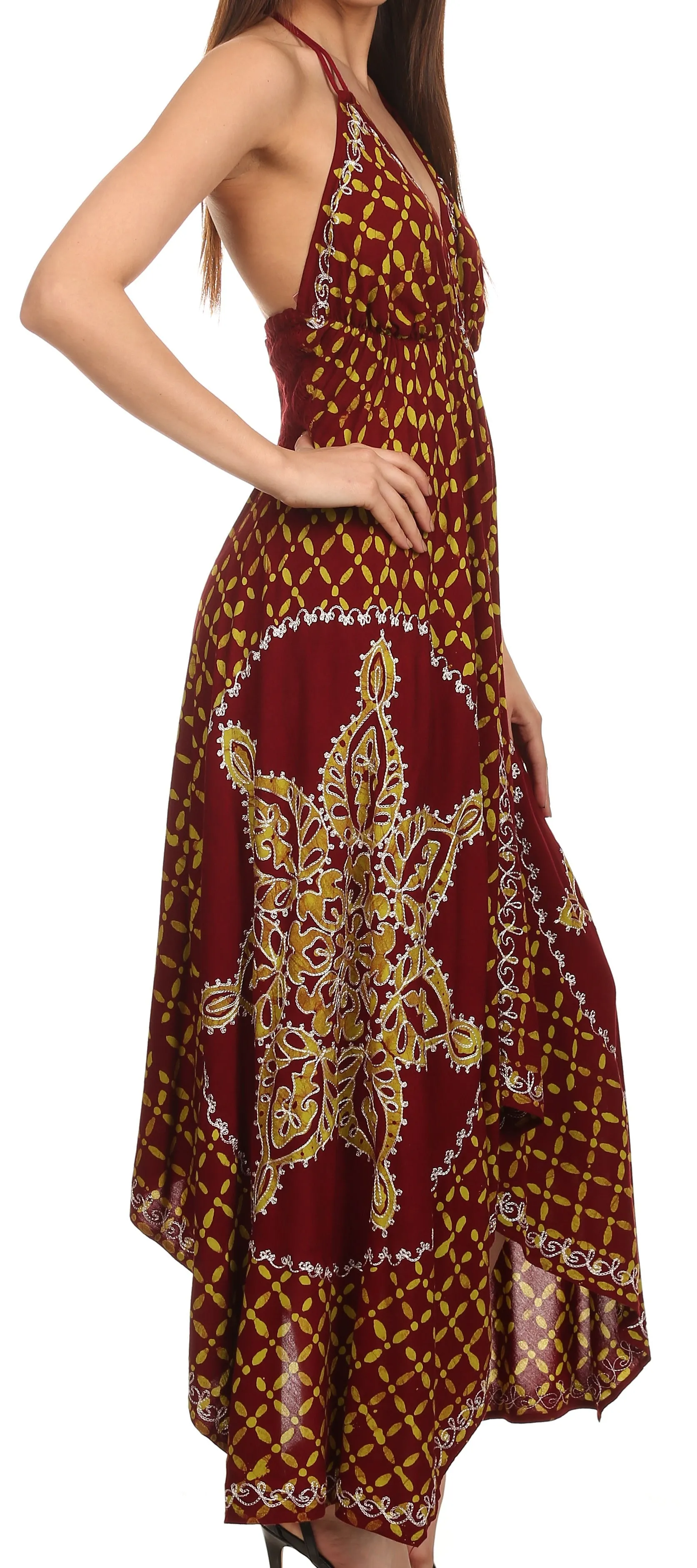 Sakkas Shana Batik Embroidered Handkerchief Hem Adjustable Halter Dress