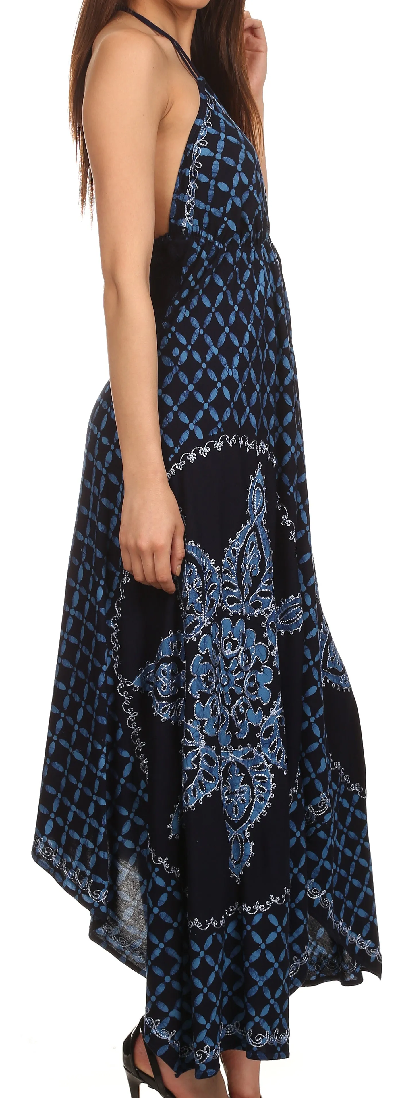 Sakkas Shana Batik Embroidered Handkerchief Hem Adjustable Halter Dress