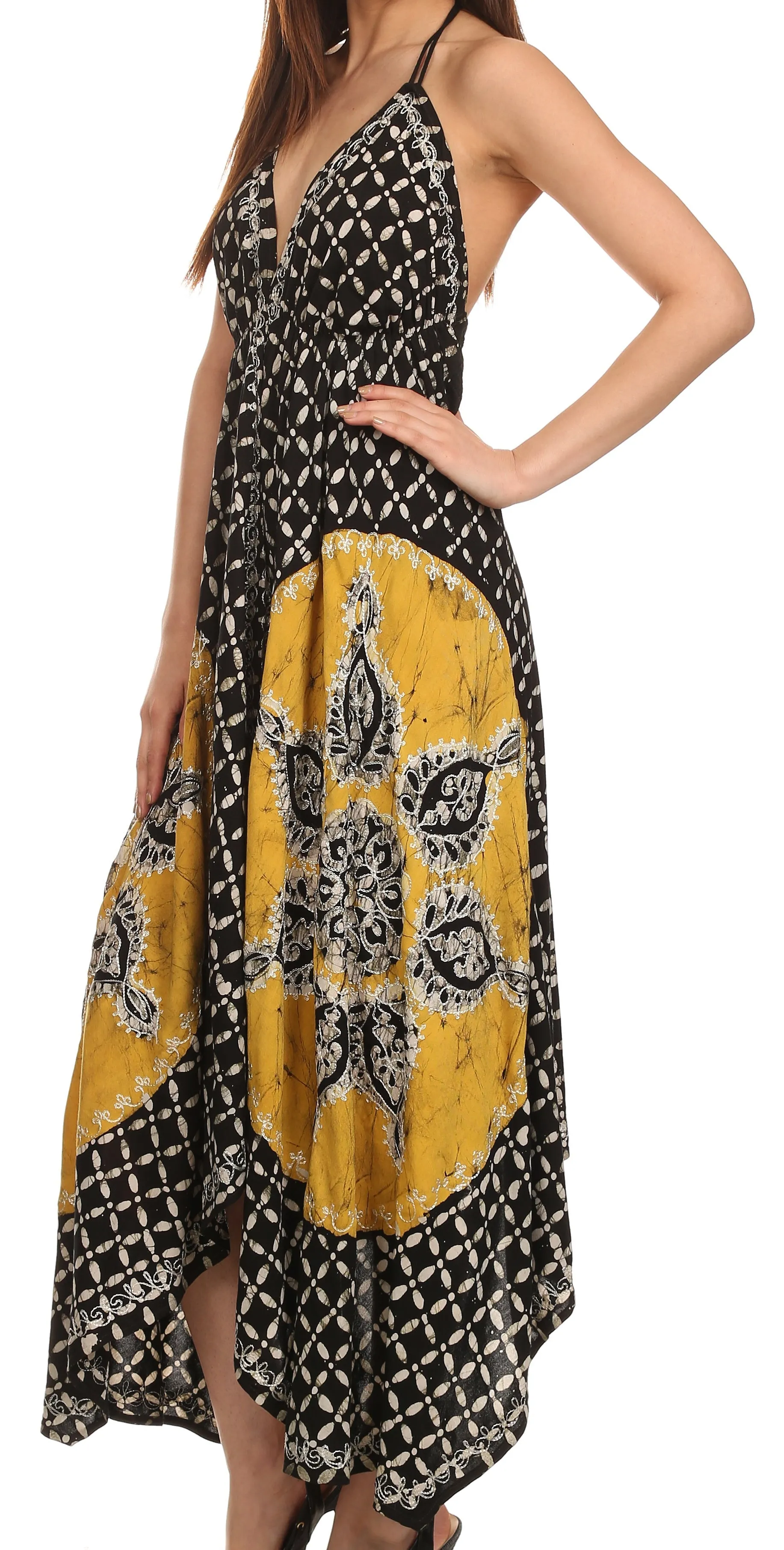 Sakkas Shana Batik Embroidered Handkerchief Hem Adjustable Halter Dress