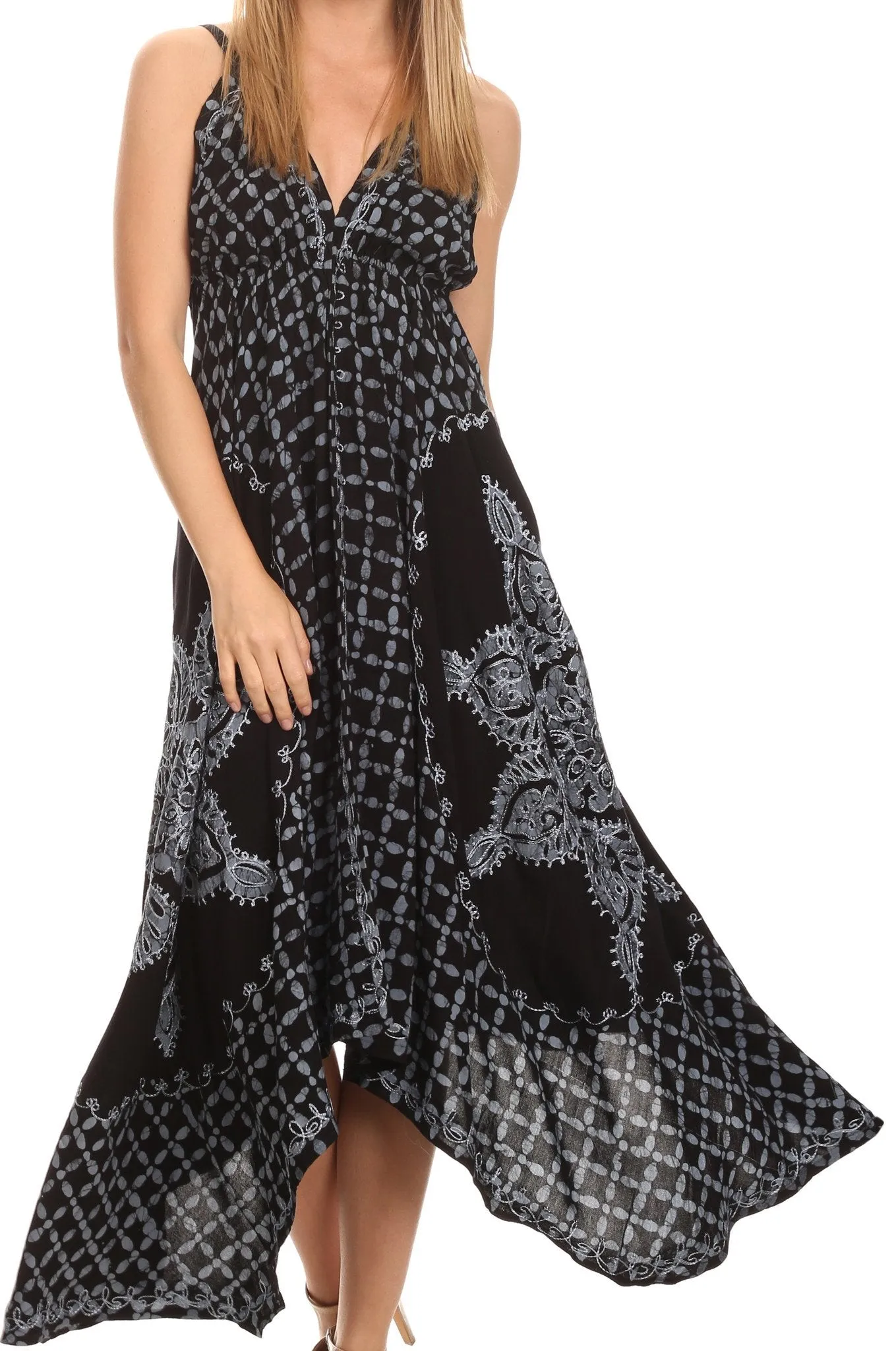 Sakkas Shana Batik Embroidered Handkerchief Hem Adjustable Halter Dress