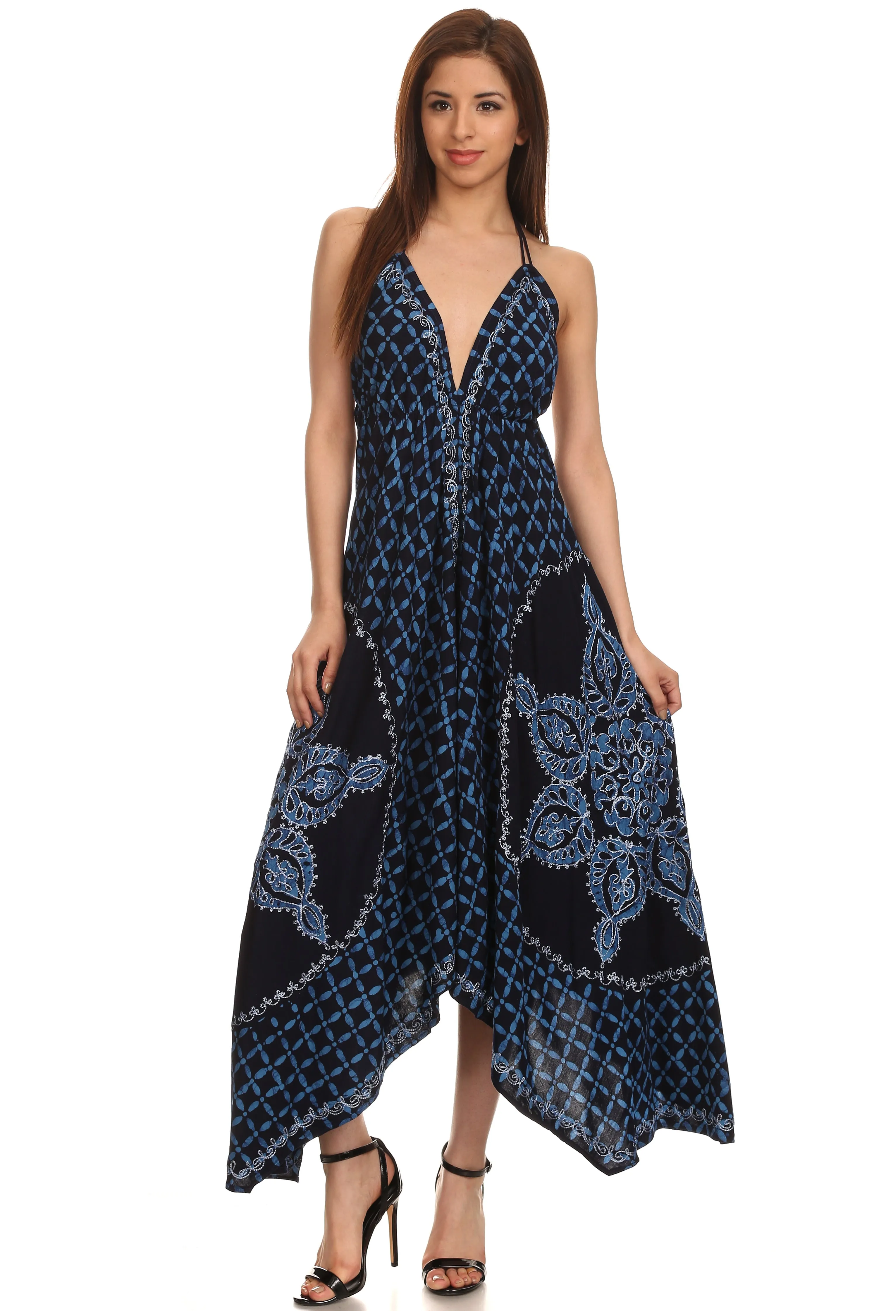 Sakkas Shana Batik Embroidered Handkerchief Hem Adjustable Halter Dress