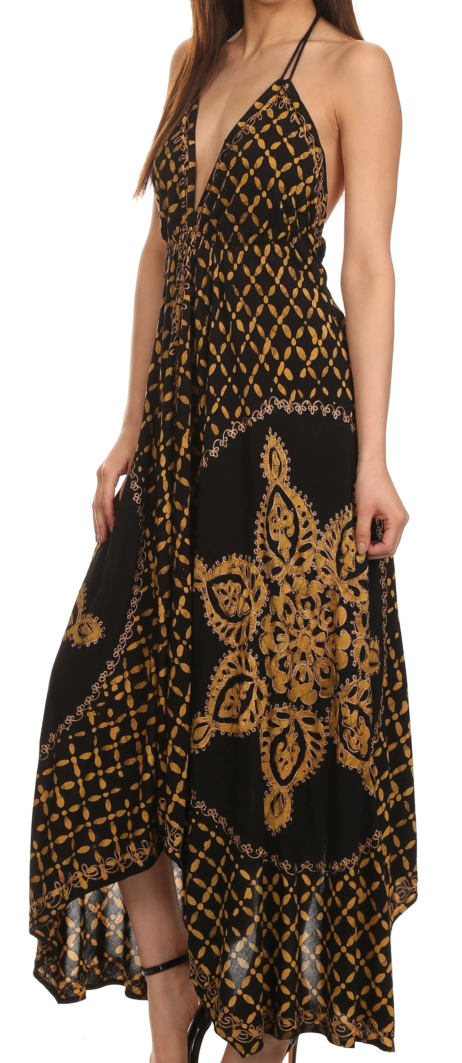 Sakkas Shana Batik Embroidered Handkerchief Hem Adjustable Halter Dress