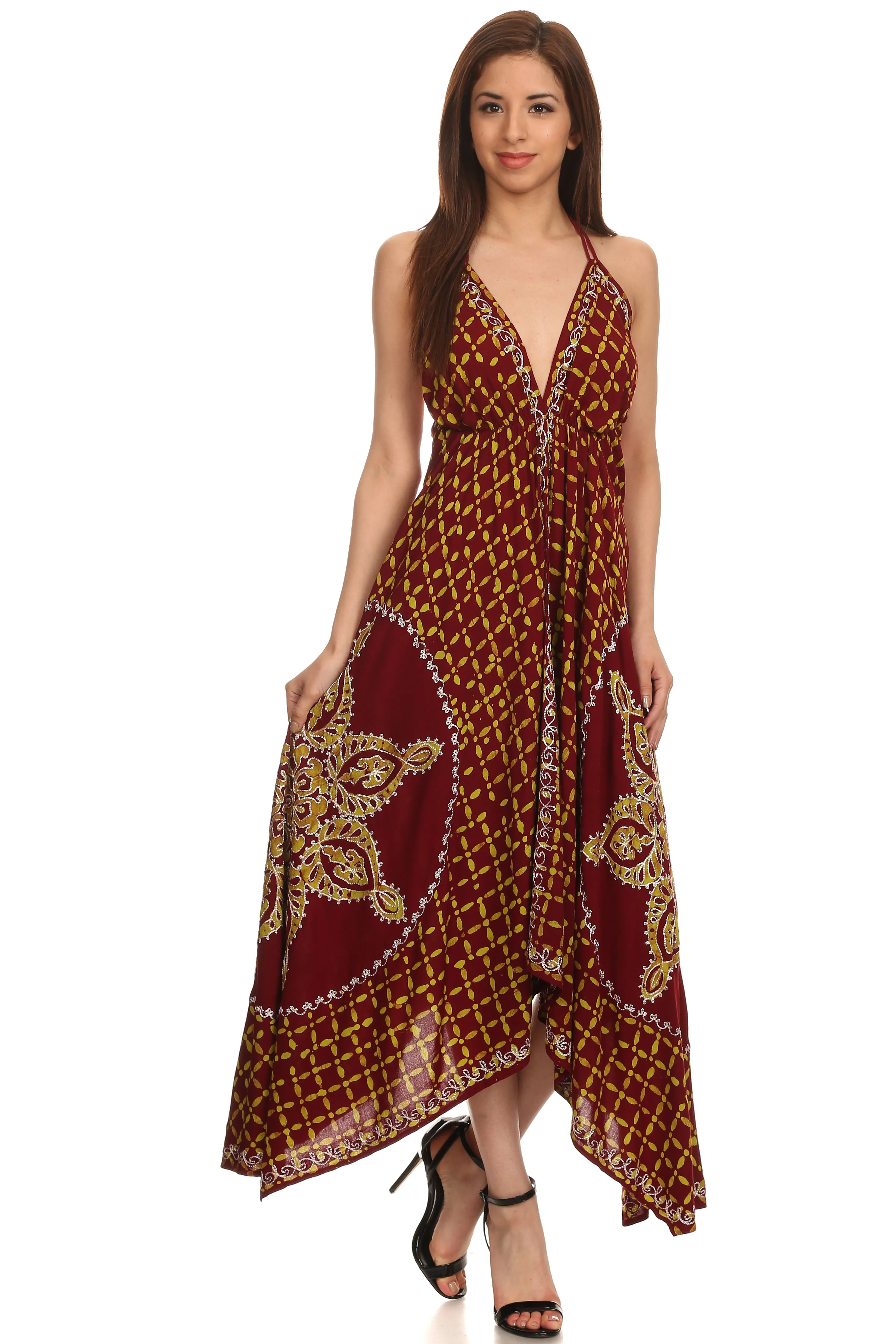 Sakkas Shana Batik Embroidered Handkerchief Hem Adjustable Halter Dress