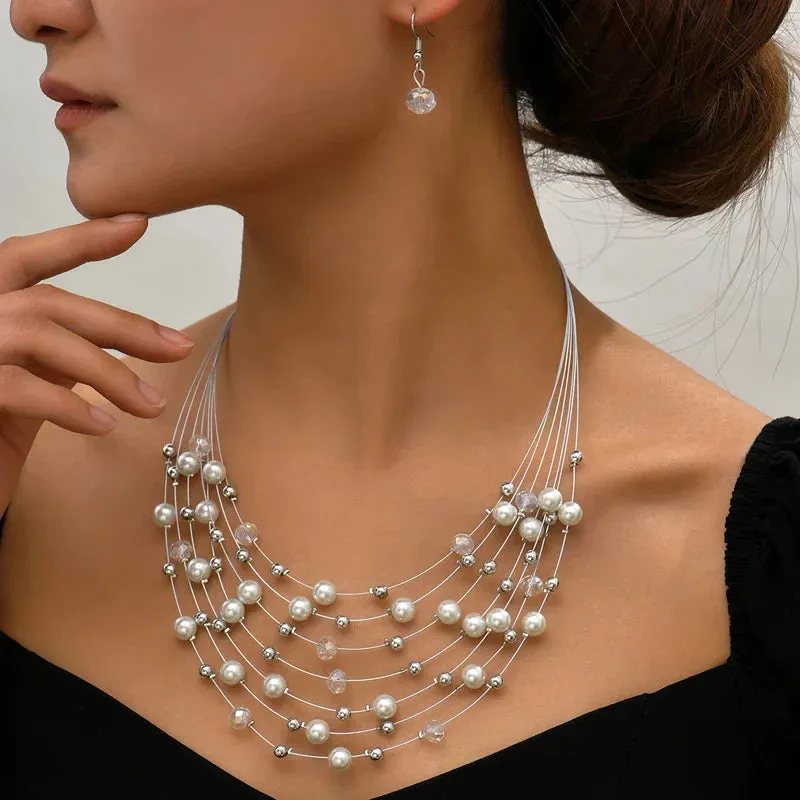 Simulated Pearl Beads Statement Earring Wedding Party Accessories Vintage Necklace