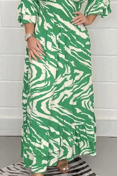 Smocked Printed Flounce Sleeve Maxi Dress