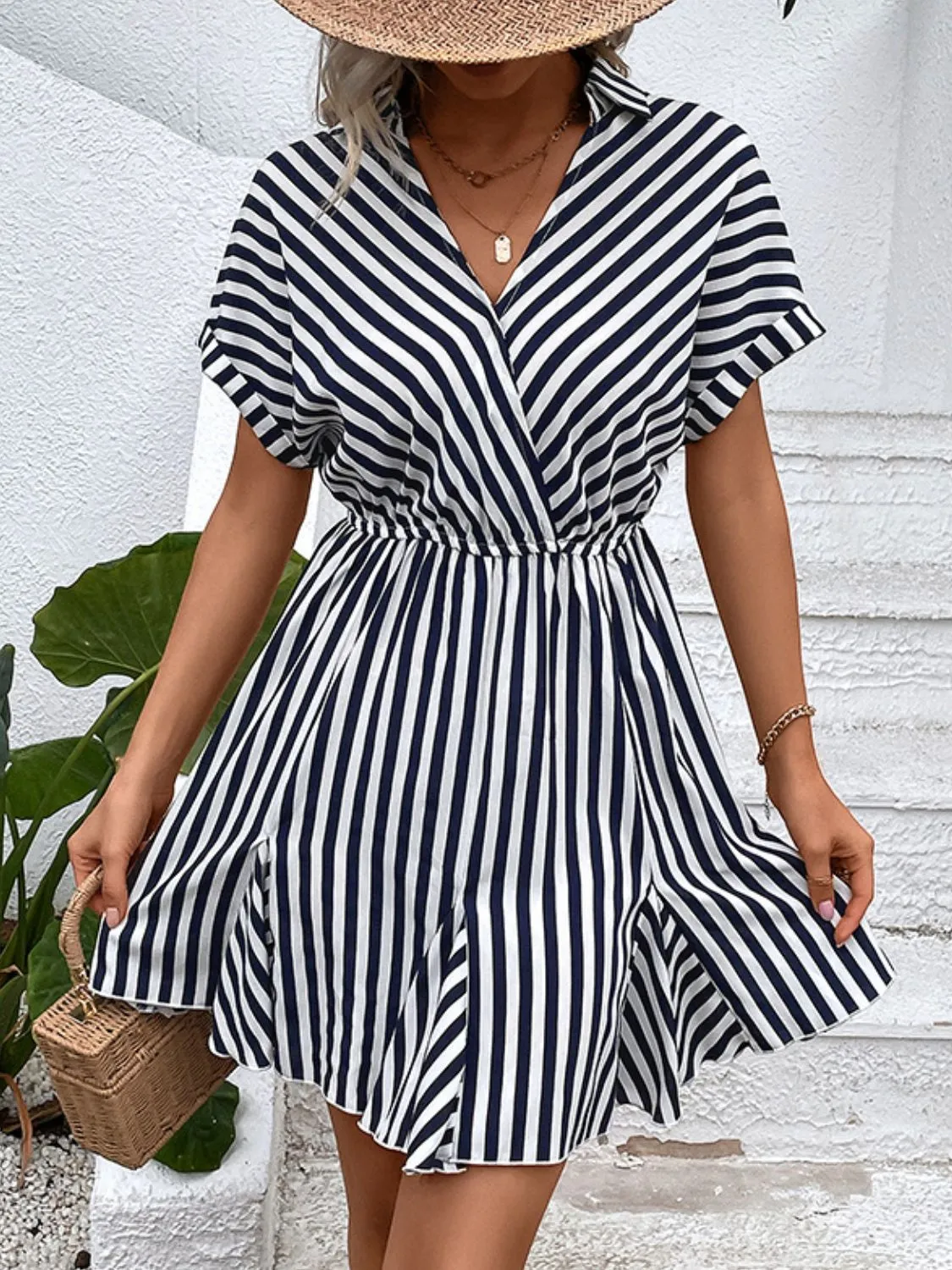 Striped Johnny Collar Mini Dress