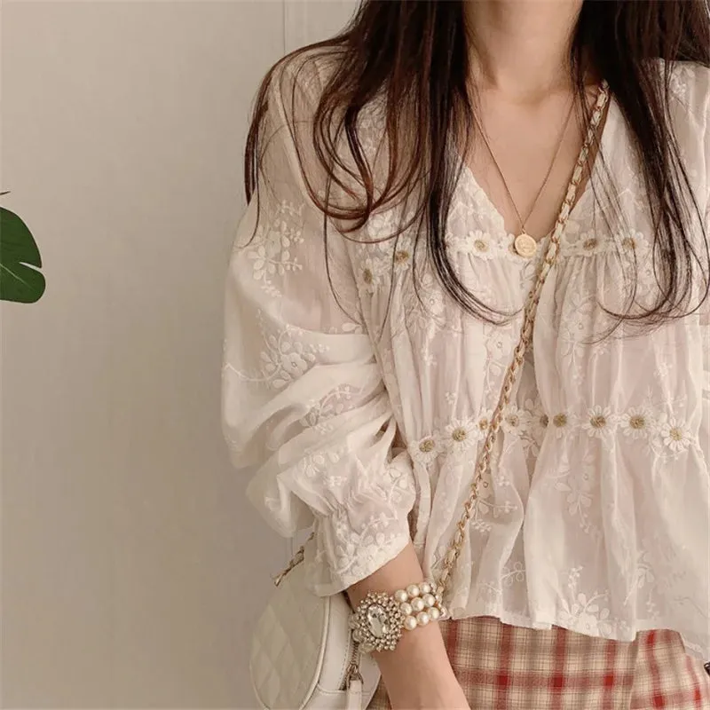 Sweet White Lace Floral V-neck Flare Sleeve Blouse from Korea