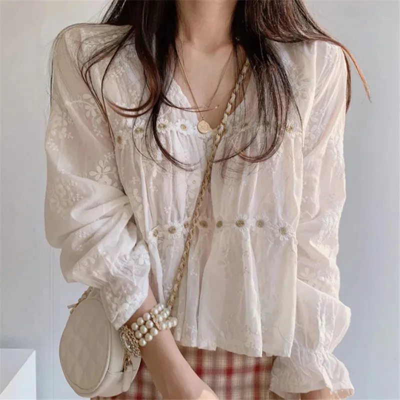 Sweet White Lace Floral V-neck Flare Sleeve Blouse from Korea